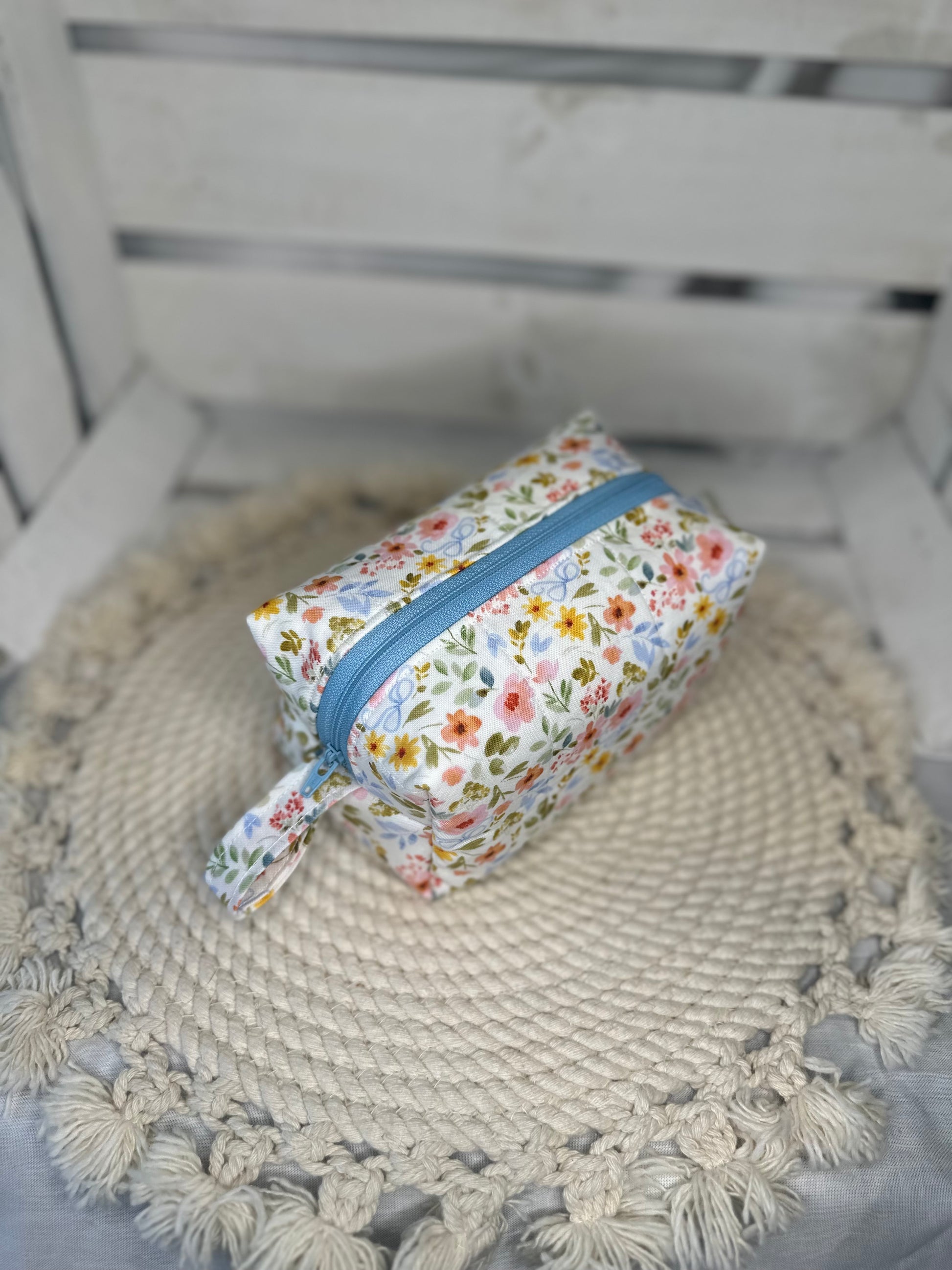Handmade Quilted Colorful Floral Bow Boxy Pouch | Cosmetics Pouch, Makeup Bag, Travel Accessories