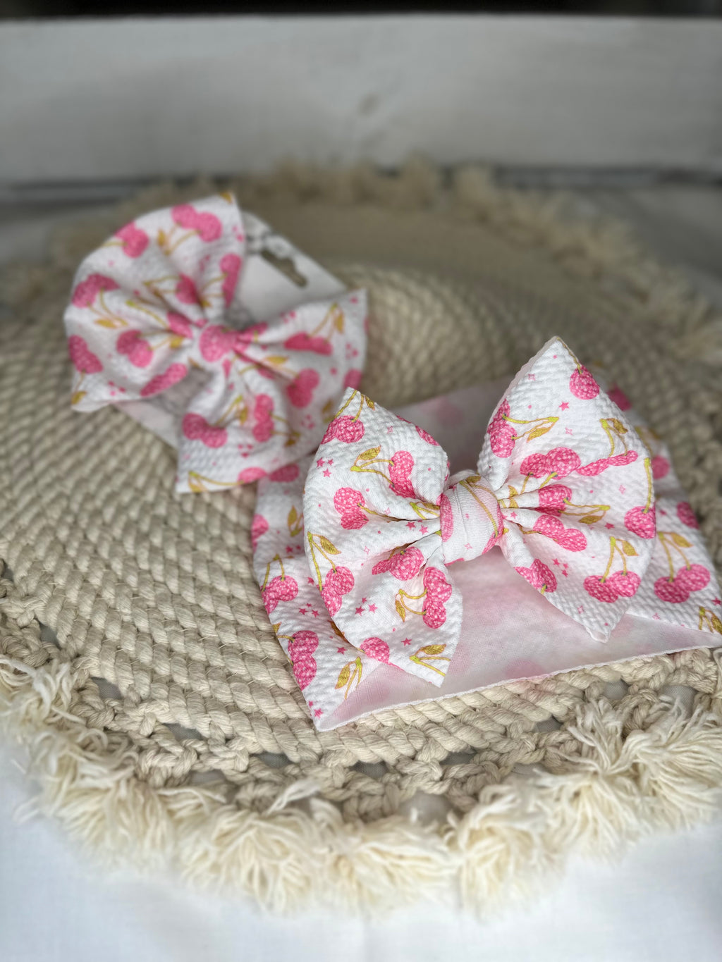 Hand Tied Pink Disco Cherry Fabric Bow Headwrap | Fabric Headwrap, Hairbow, Baby Bow, Hair Accessory