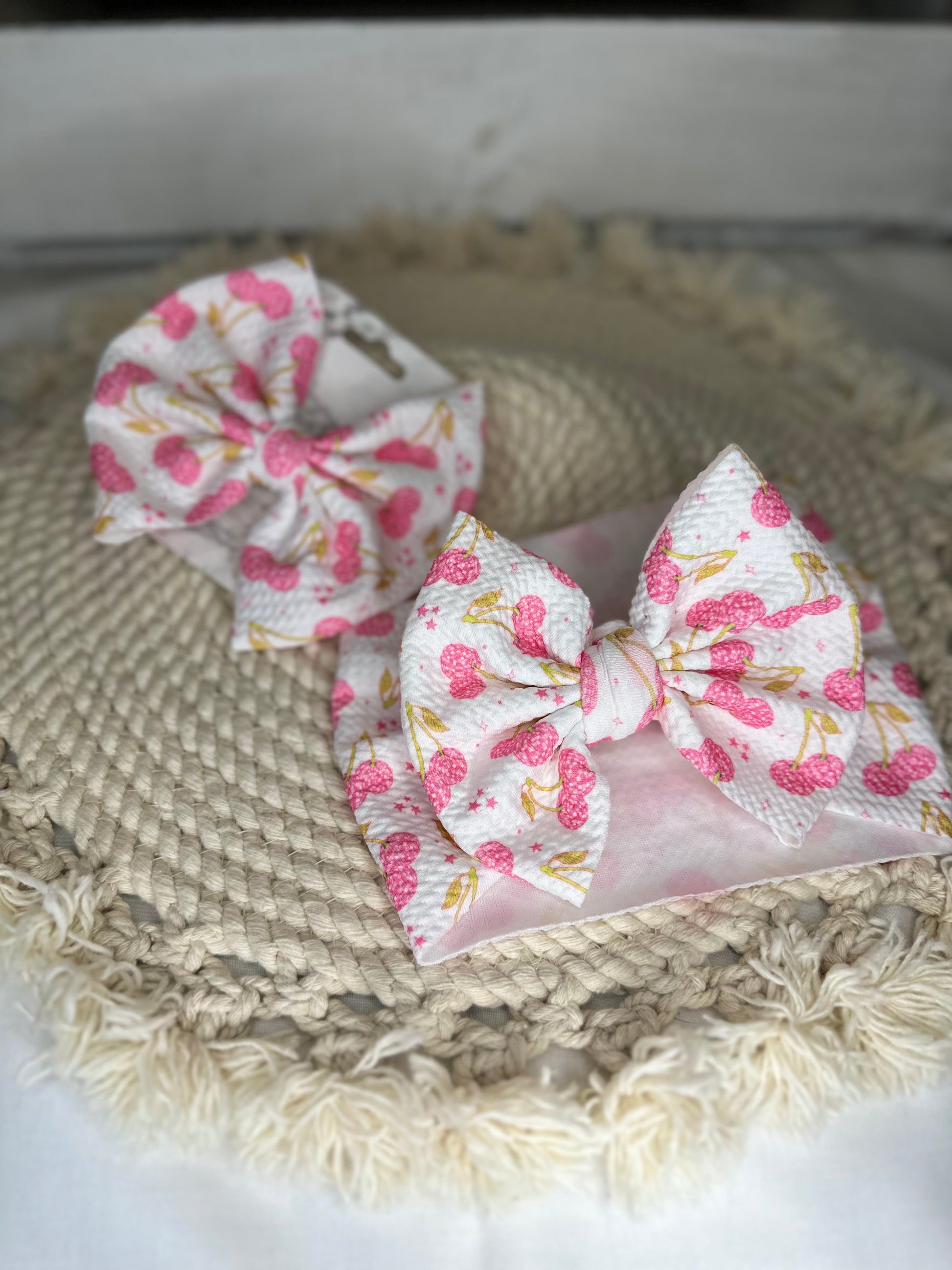 Hand Tied Pink Disco Cherry Fabric Bow Headwrap | Fabric Headwrap, Hairbow, Baby Bow, Hair Accessory