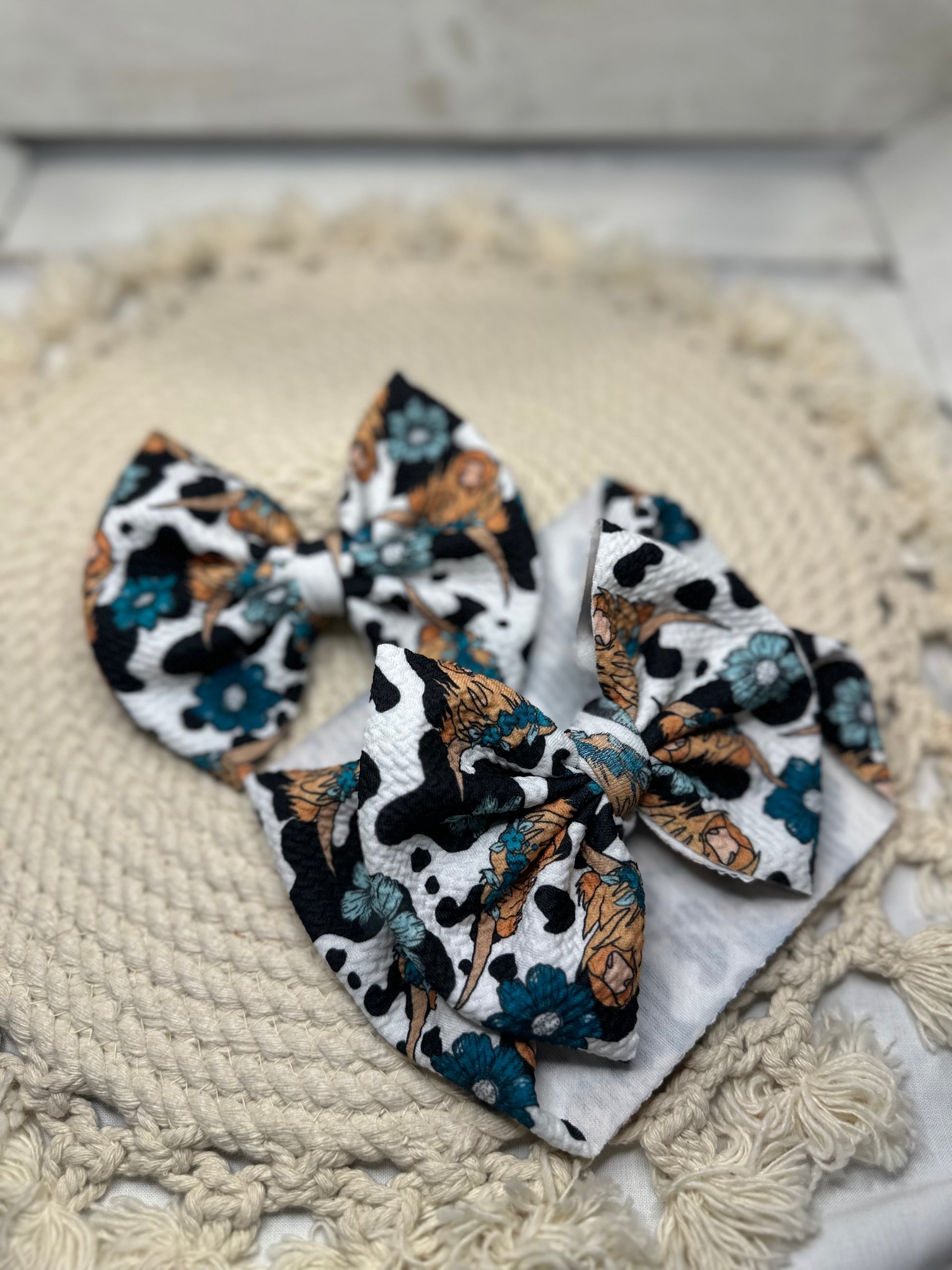 Hand Tied Turqoise Highland Cow Fabric Bow Headwrap | Fabric Headwrap, Hairbow, Baby Bow, Hair Accessory