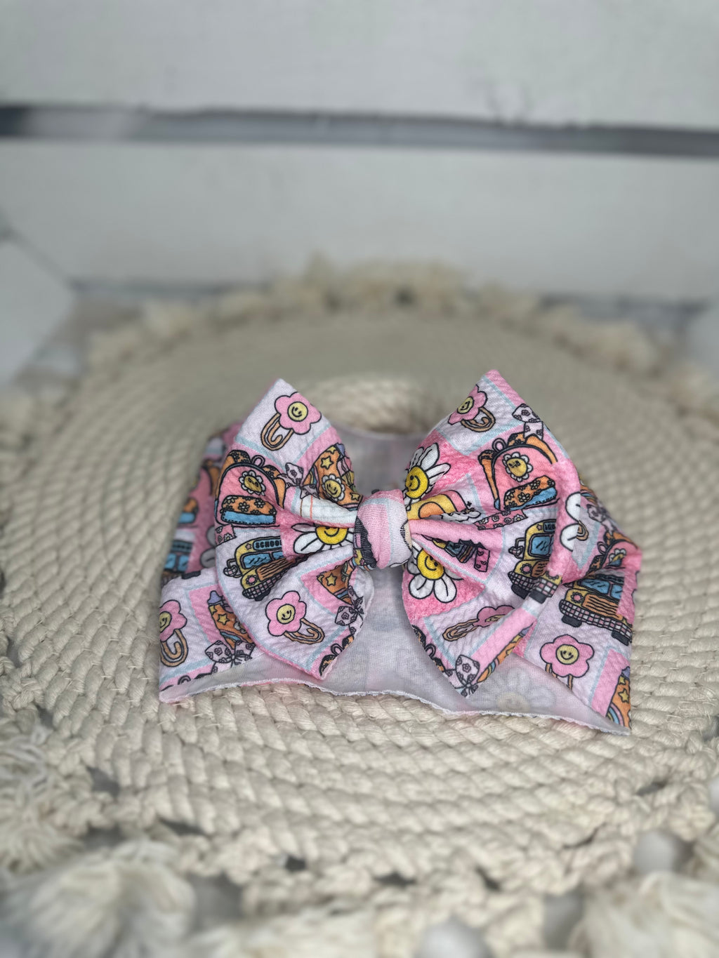 Hand-Tied Back to School Pink Fabric Bow Headwrap | Fabric Headwrap, Hairbow, Baby Bow, Hair Accessory