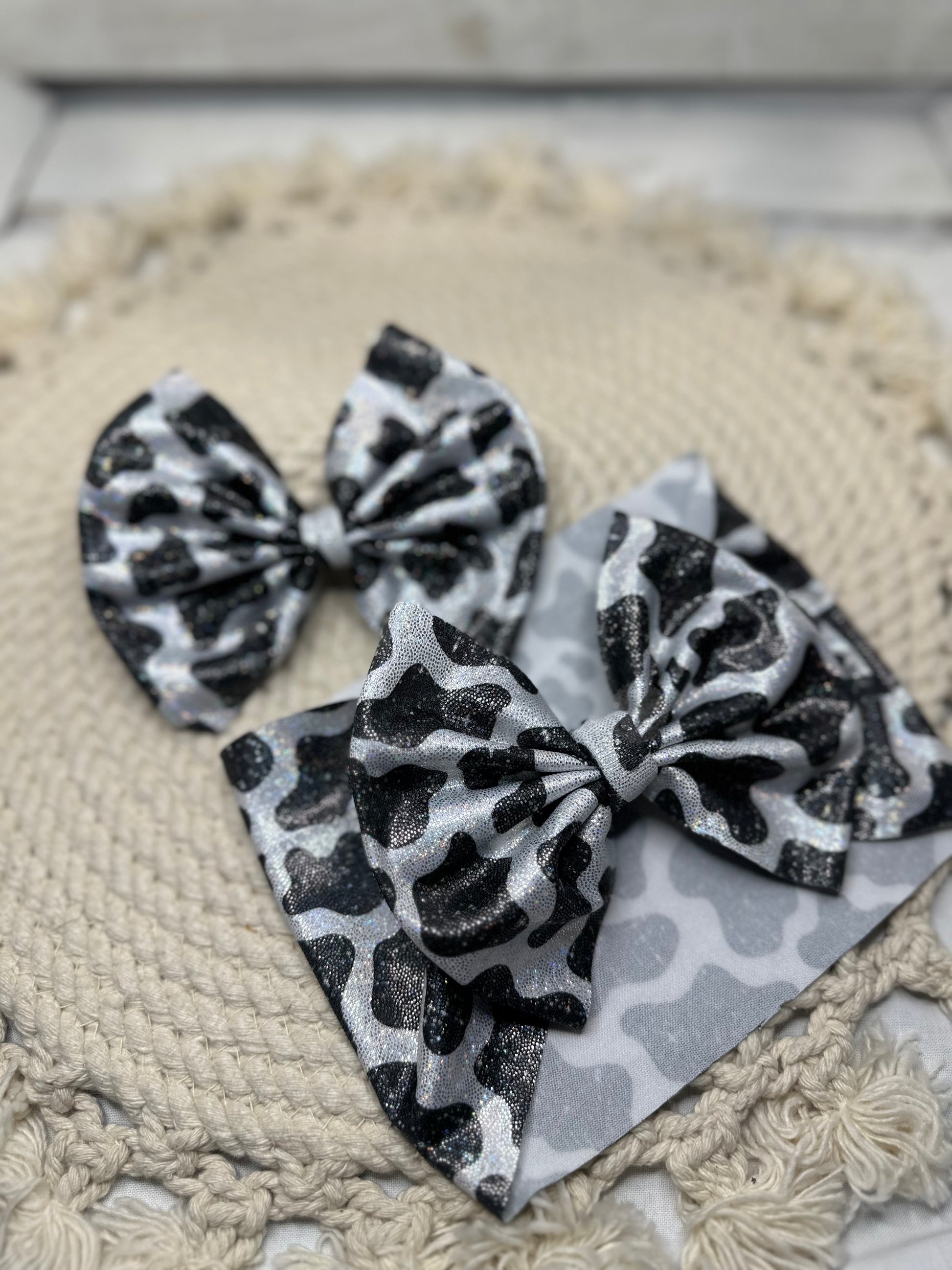Hand Tied Holographic Cow Fabric Bow Headwrap | Fabric Headwrap, Hairbow, Baby Bow, Hair Accessory