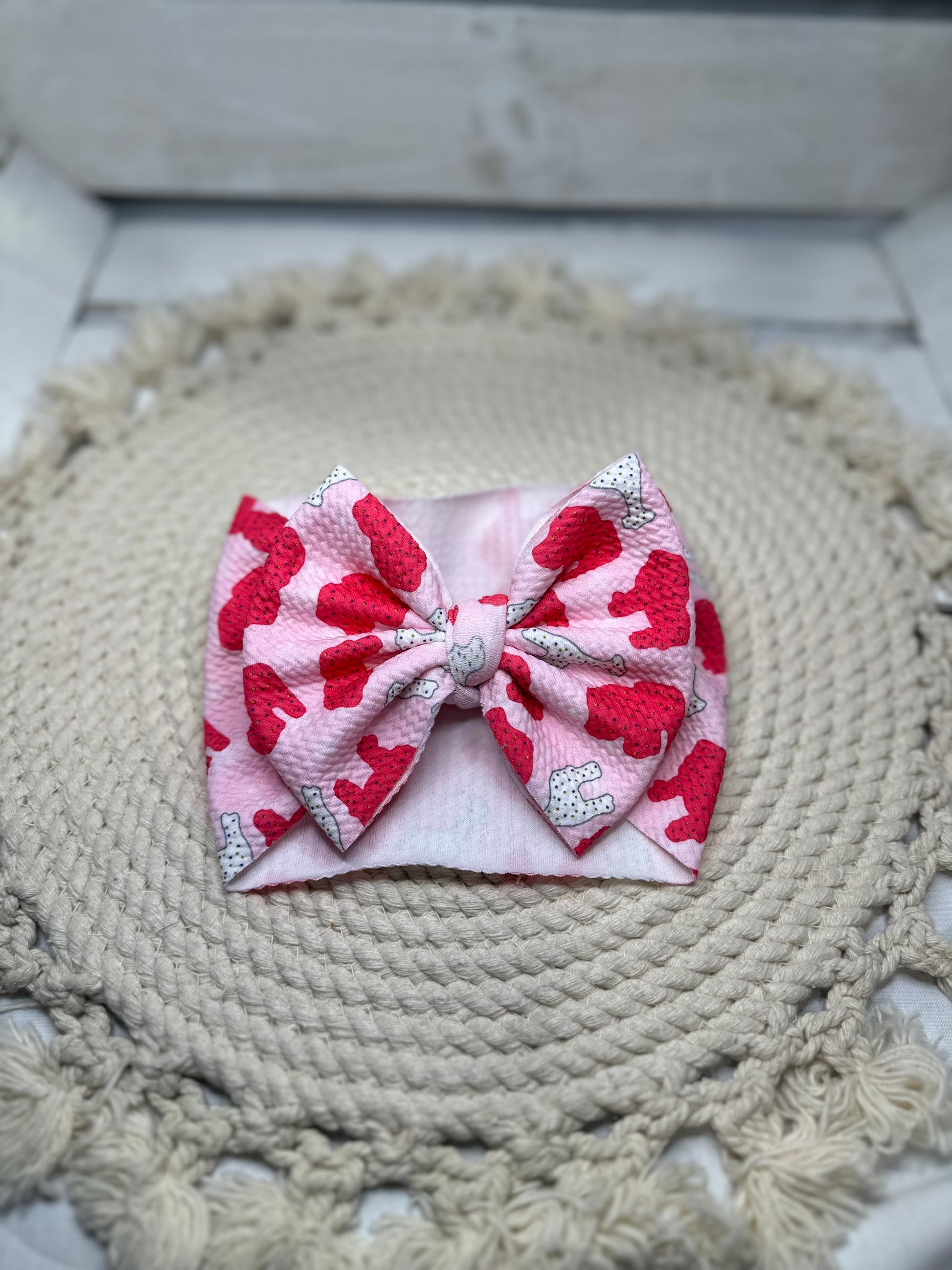 Hand Tied Pink Animal Cookies Fabric Bow Headwrap | Fabric Headwrap, Hairbow, Baby Bow, Hair Accessory