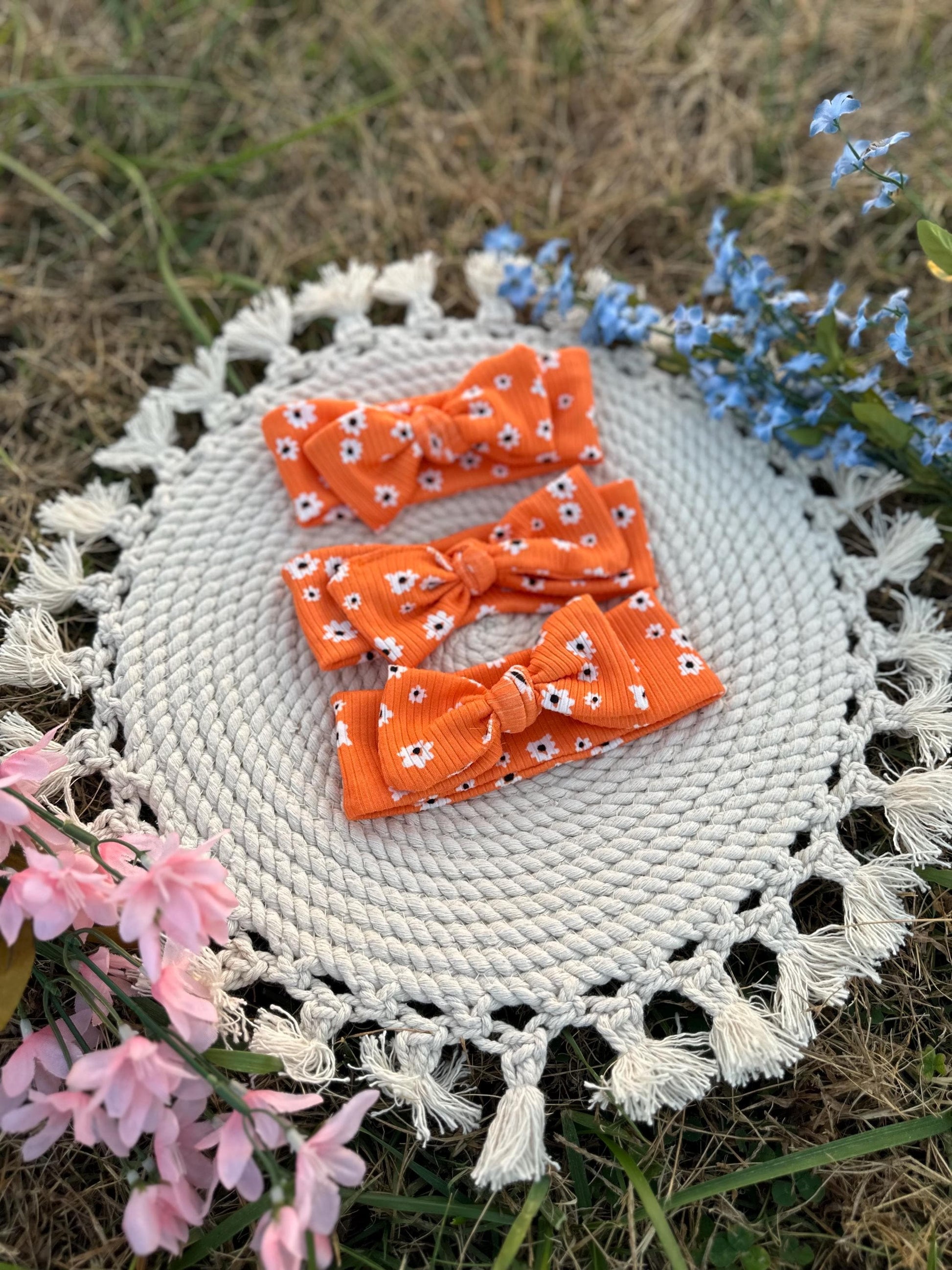 Girl's Ribbed Knit Orange Flower Bow Headband | Knit Headband, Girl's Headband Bow, Hair Accessory, Hairbow, Children's Hairbow