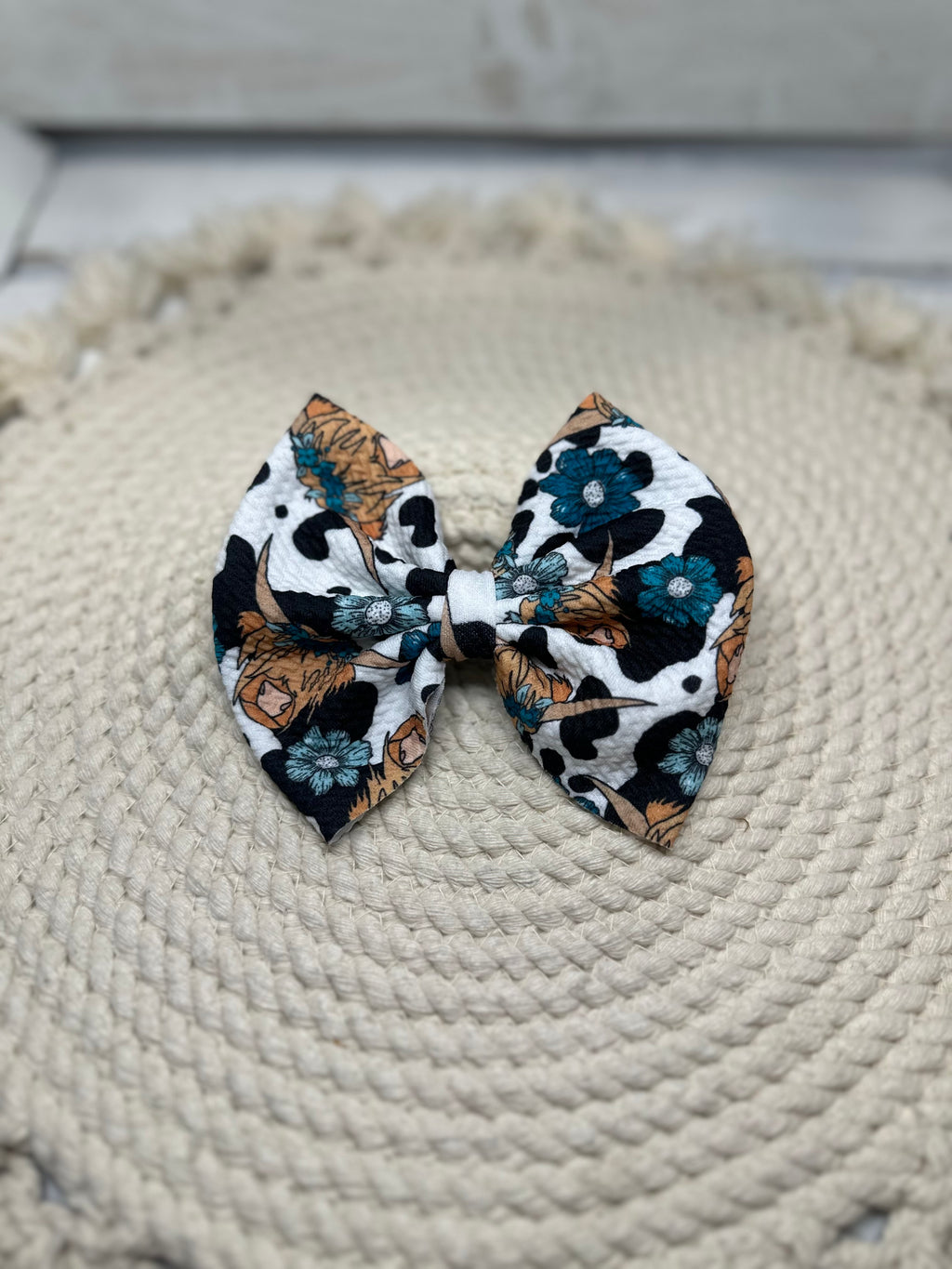 Hand Tied Turqoise Highland Cow Fabric Bow Headwrap | Fabric Headwrap, Hairbow, Baby Bow, Hair Accessory