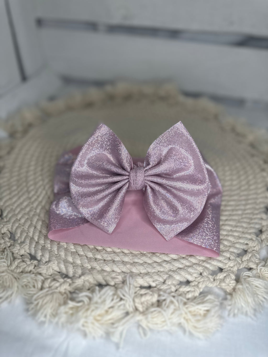 Hand Tied Baby Pink Holographic Fabric Bow Headwrap | Fabric Headwrap, Hairbow, Baby Bow, Hair Accessory