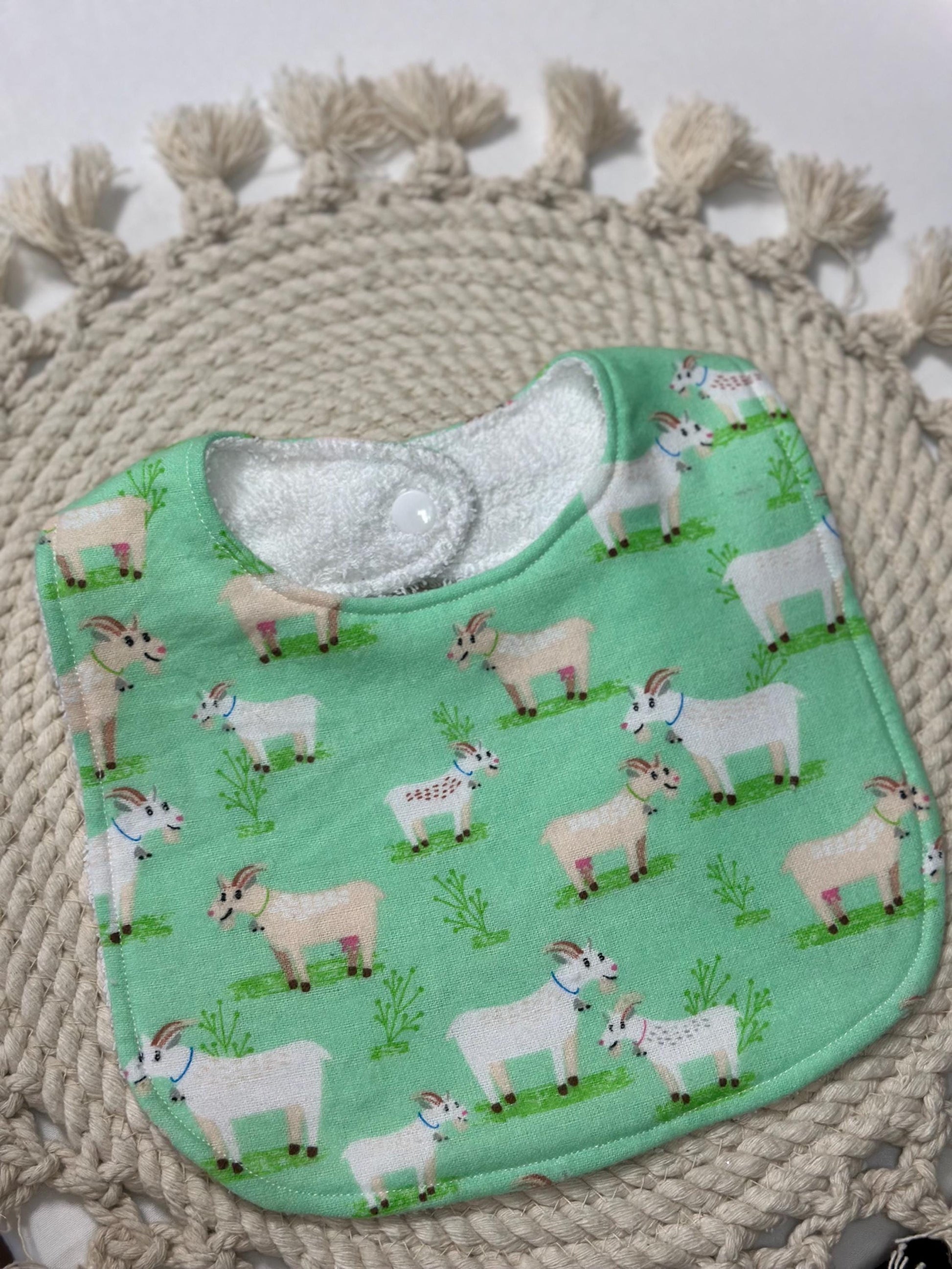 Children’s Handmade Goat Pattern Flannel Bib | Handsewn Baby Bib, Baby Bib, Children's Bibs, Cotton Baby Bib, Flannel Bib