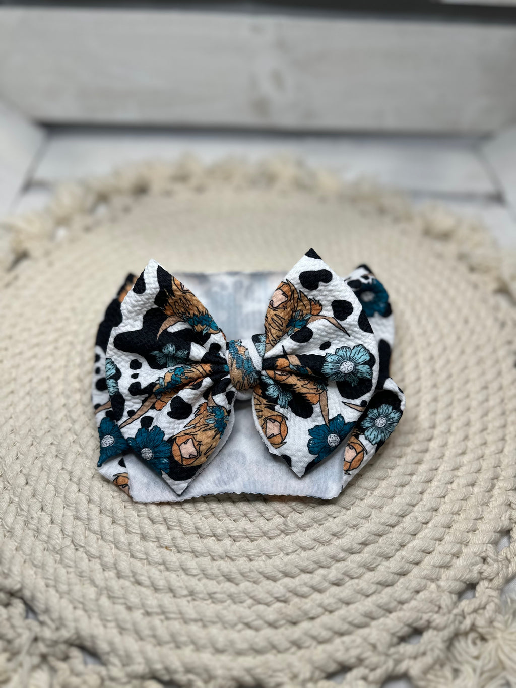 Hand Tied Turqoise Highland Cow Fabric Bow Headwrap | Fabric Headwrap, Hairbow, Baby Bow, Hair Accessory