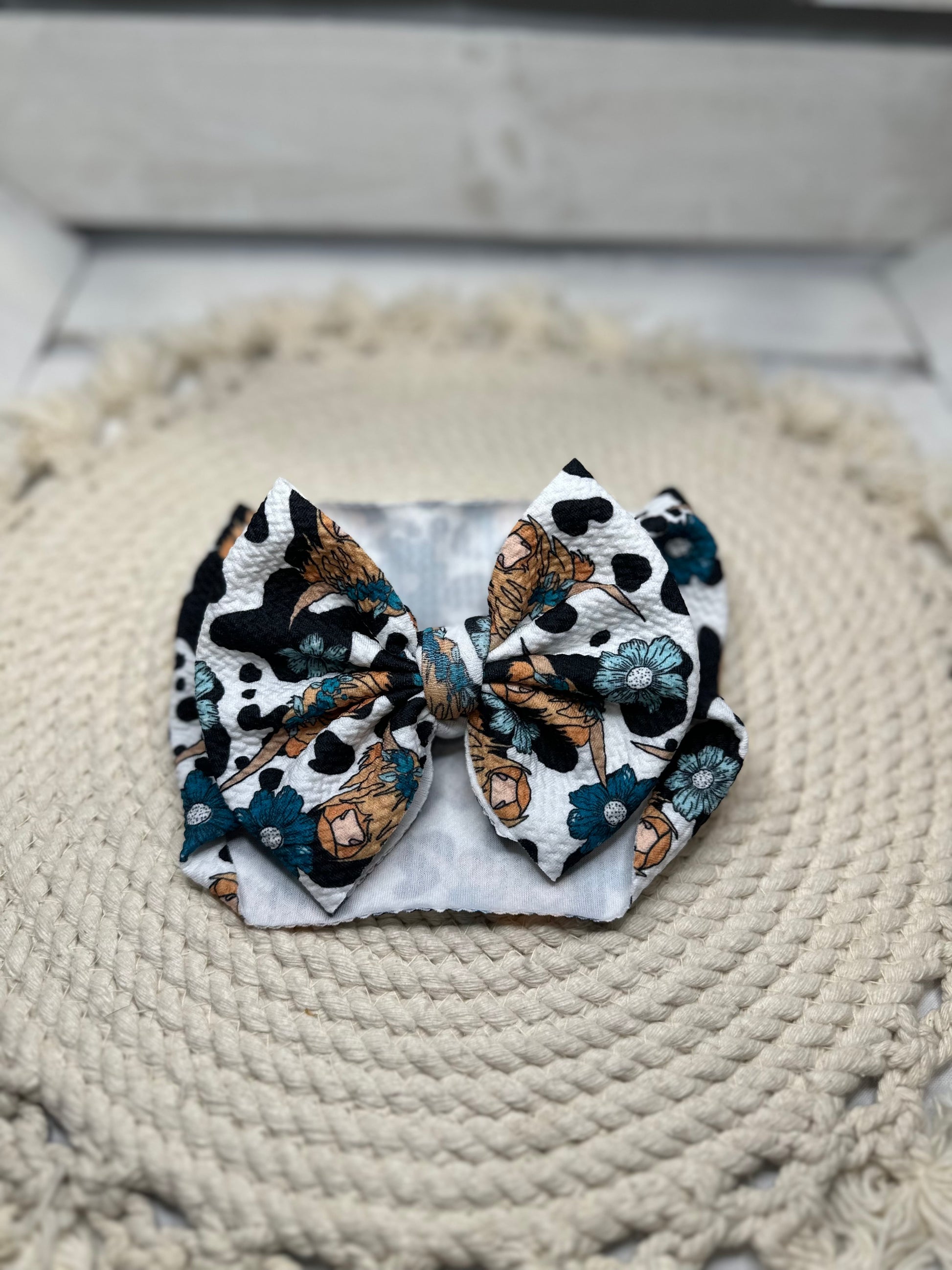 Hand Tied Turqoise Highland Cow Fabric Bow Headwrap | Fabric Headwrap, Hairbow, Baby Bow, Hair Accessory
