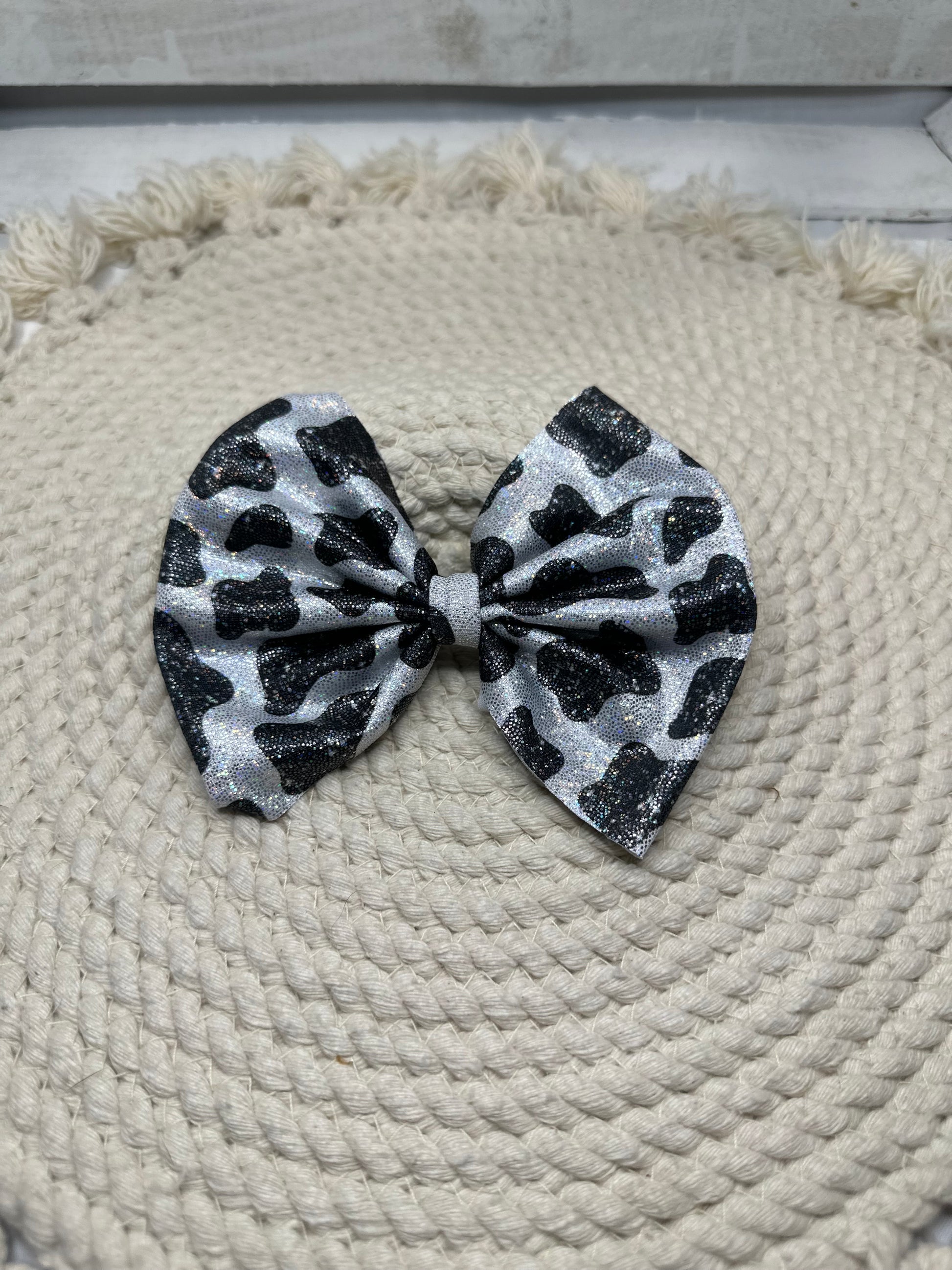 Hand Tied Holographic Cow Fabric Bow Headwrap | Fabric Headwrap, Hairbow, Baby Bow, Hair Accessory
