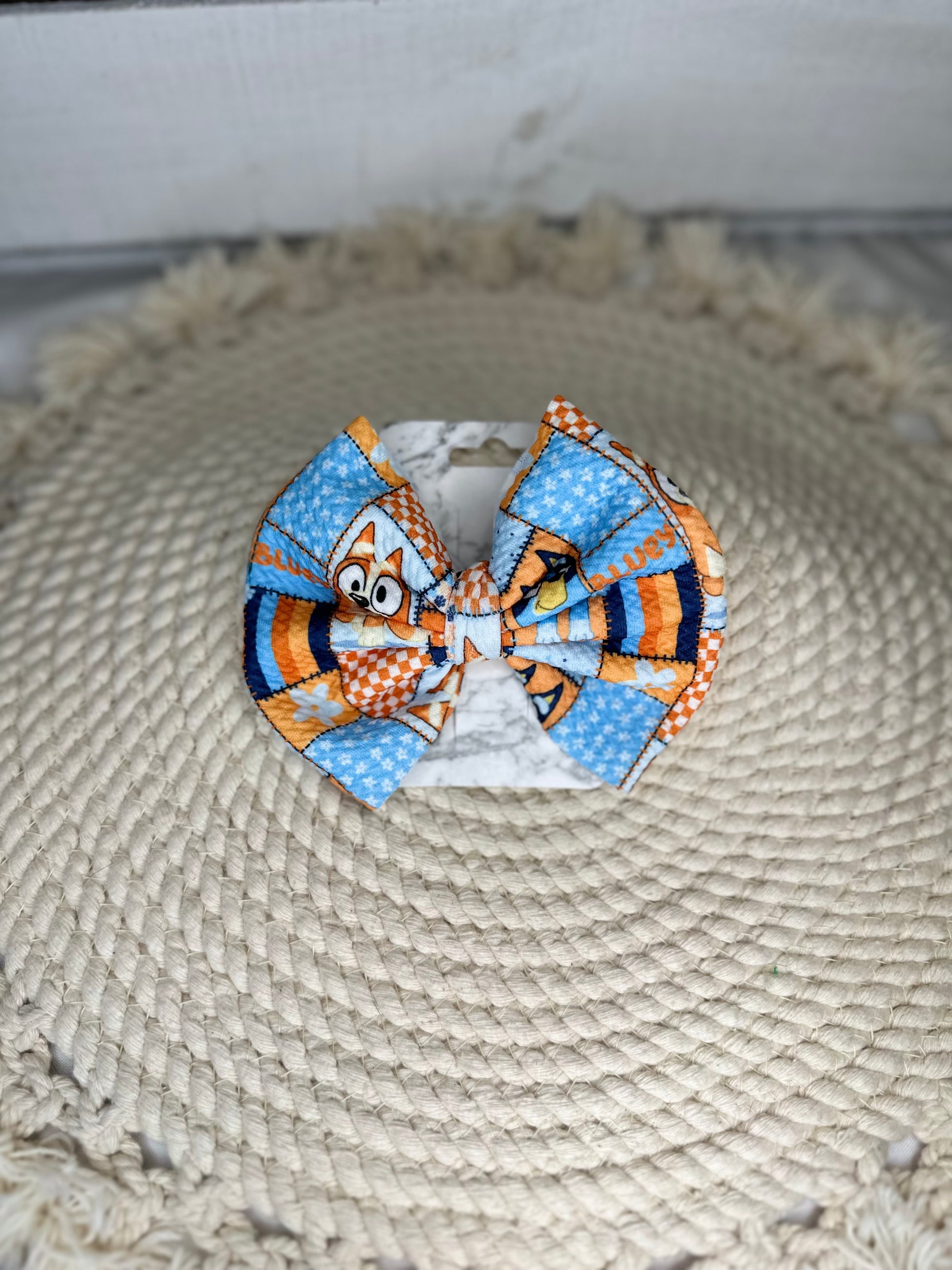 Hand Tied Blue & Orange Dog Fabric Bow Headwrap | Fabric Headwrap, Hairbow, Baby Bow, Hair Accessory