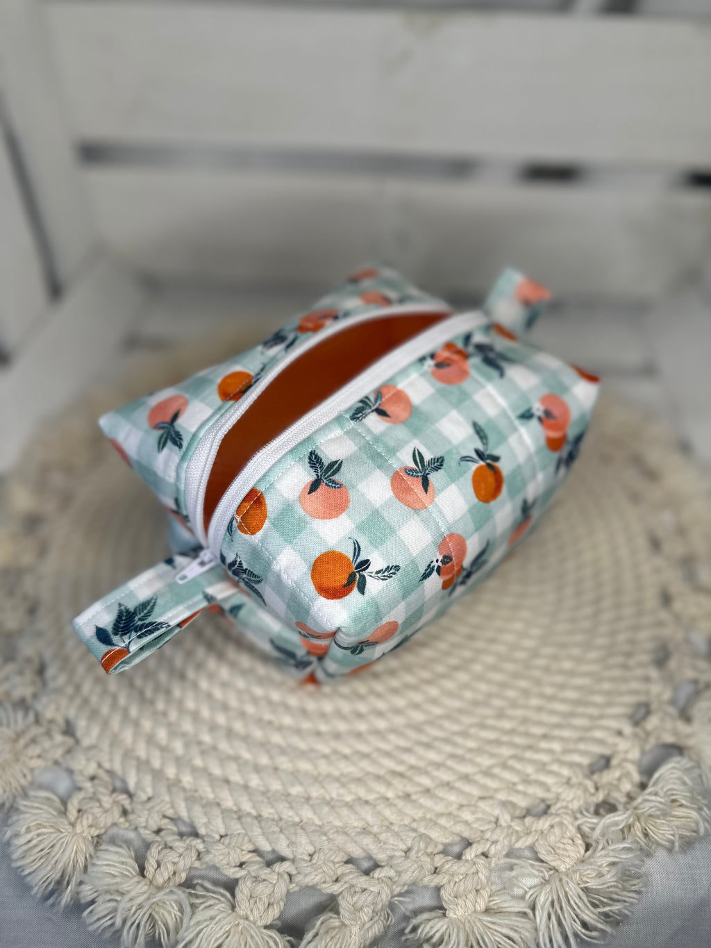 Handmade Quilted Orange Gingham Boxy Pouch | Cosmetics Pouch, Makeup Bag, Travel Accessories