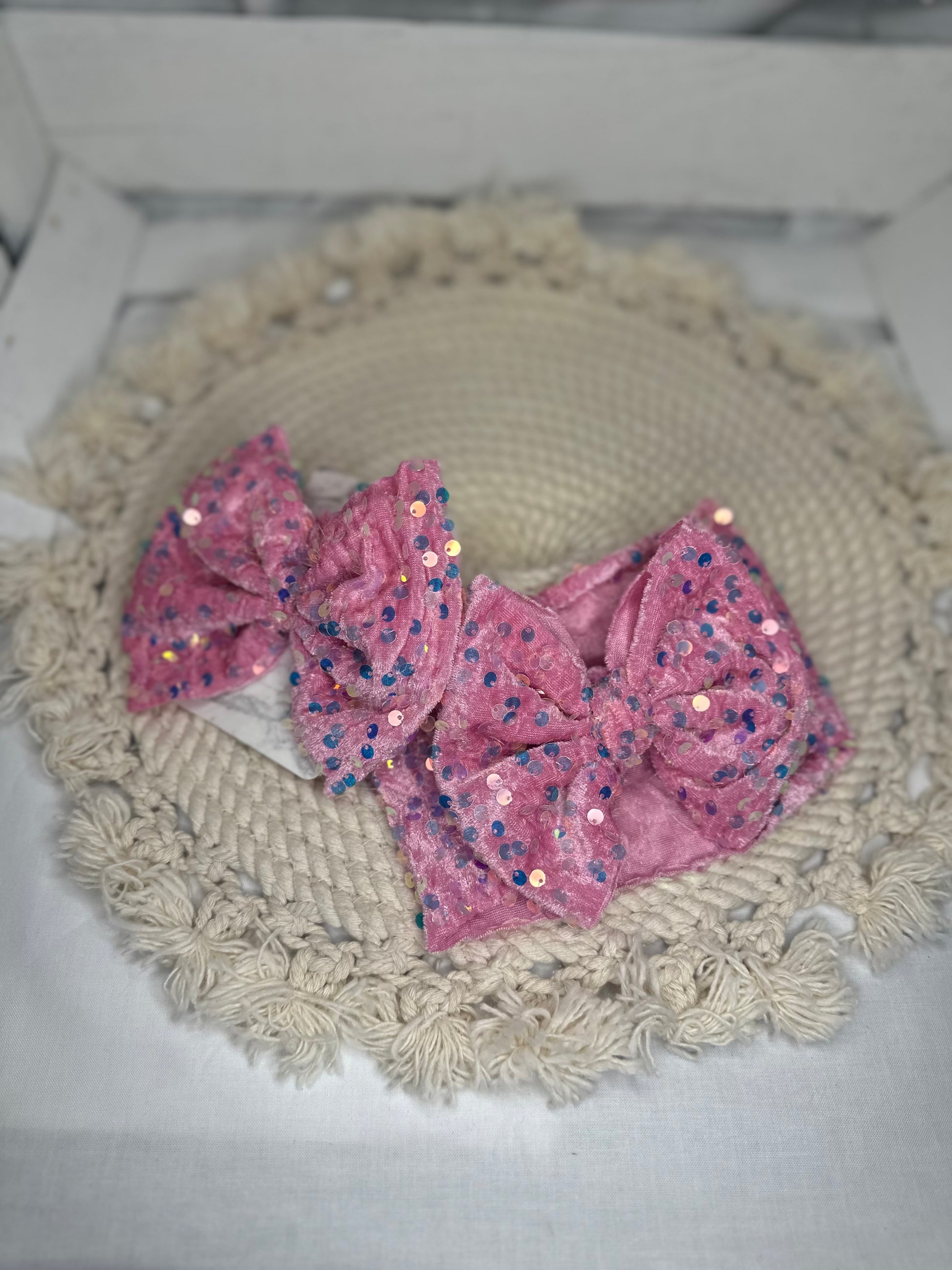 Hand Tied Pink Velvet Sequin Fabric Bow Headwrap | Fabric Headwrap, Hairbow, Baby Bow, Hair Accessory