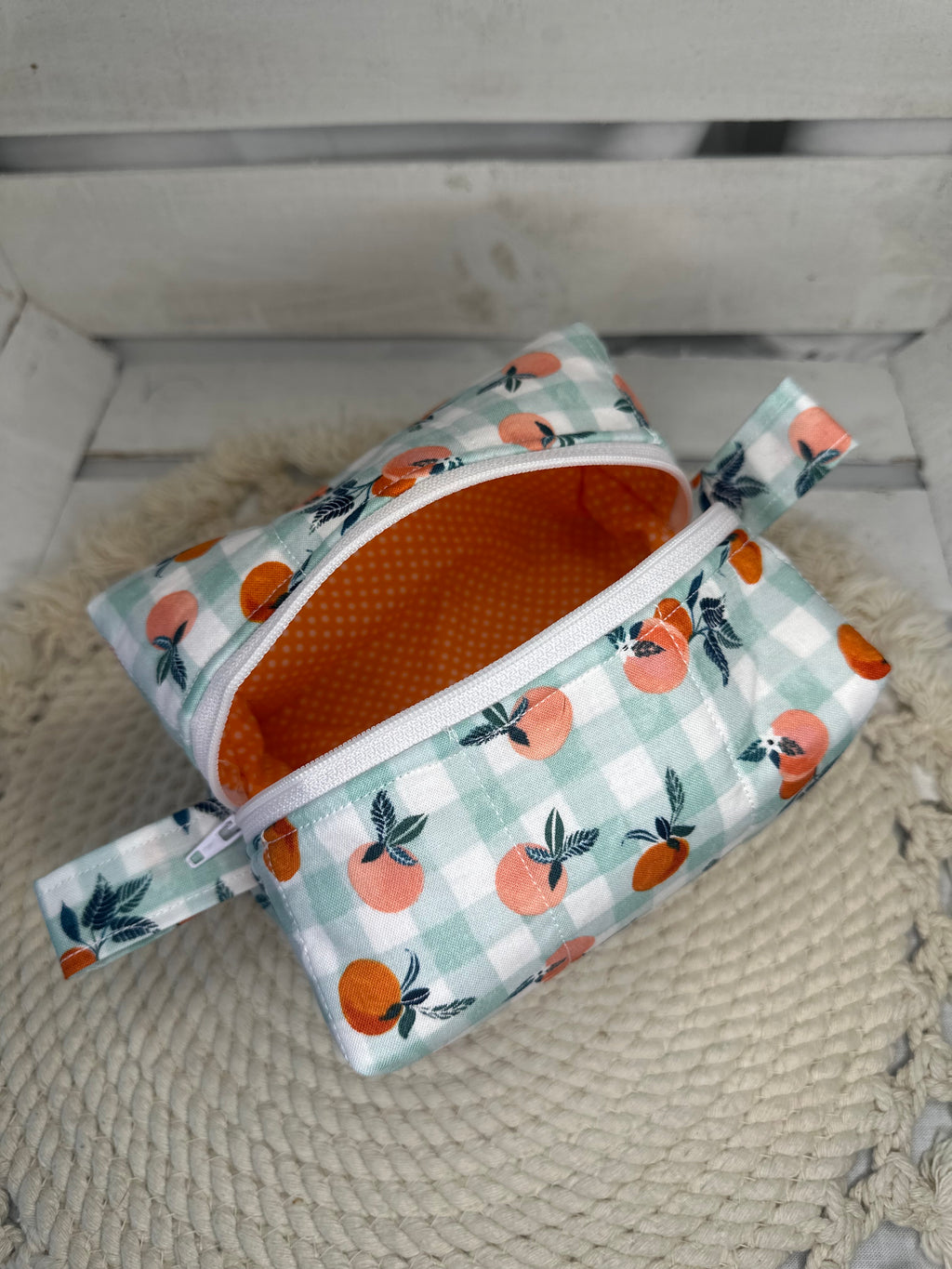 Handmade Quilted Orange Gingham Boxy Pouch | Cosmetics Pouch, Makeup Bag, Travel Accessories