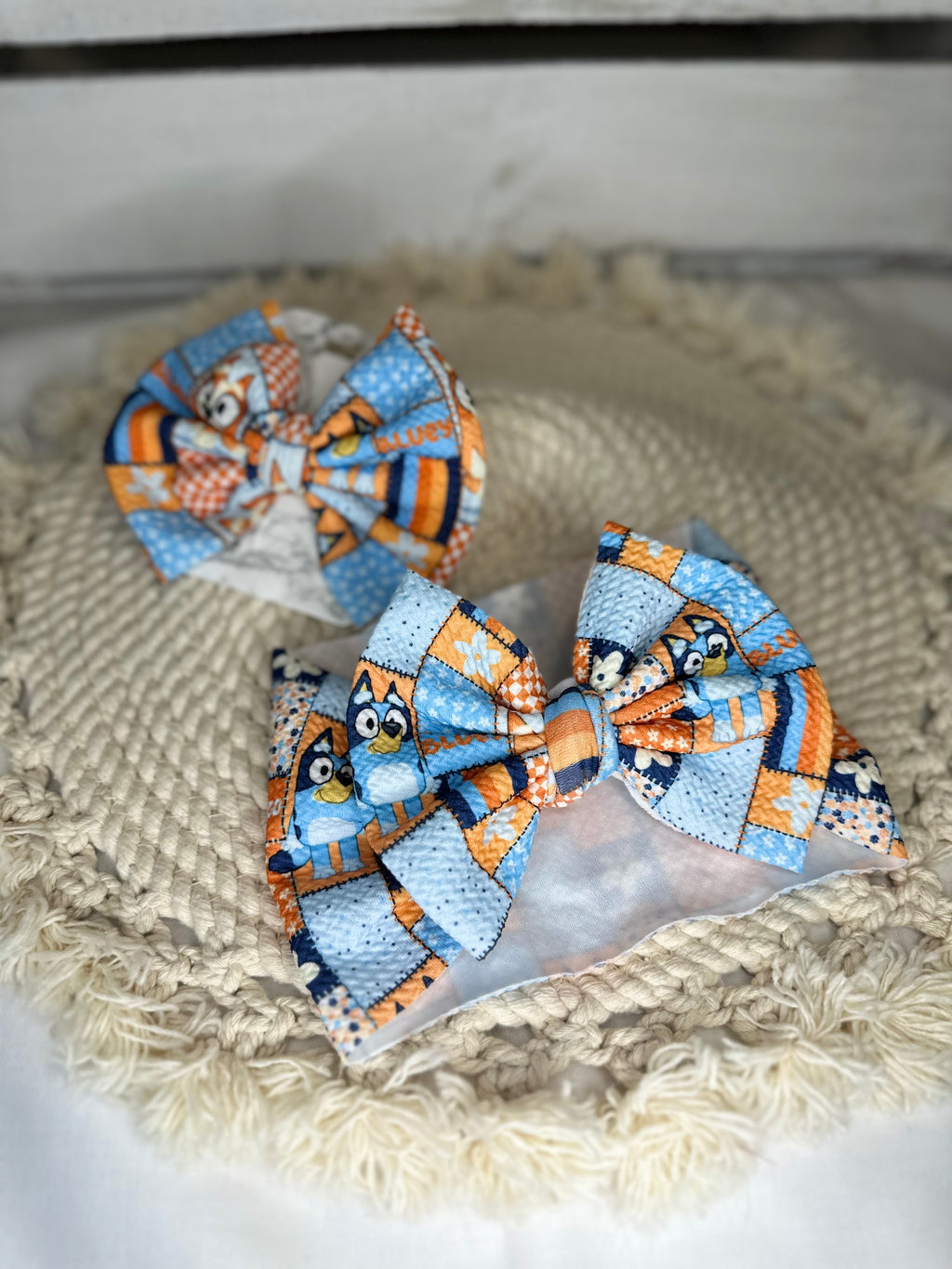 Hand Tied Blue & Orange Dog Fabric Bow Headwrap | Fabric Headwrap, Hairbow, Baby Bow, Hair Accessory