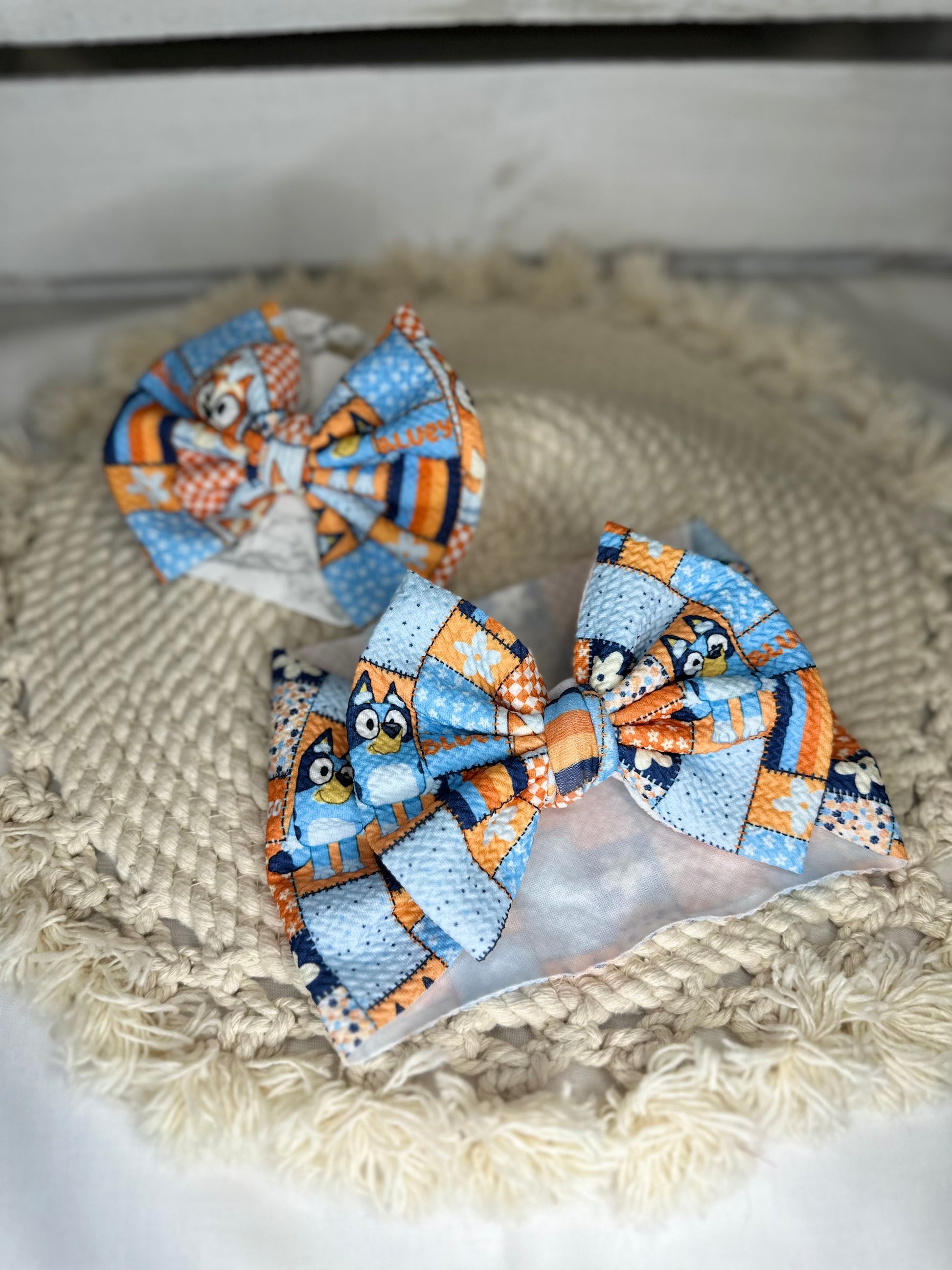 Hand Tied Blue & Orange Dog Fabric Bow Headwrap | Fabric Headwrap, Hairbow, Baby Bow, Hair Accessory