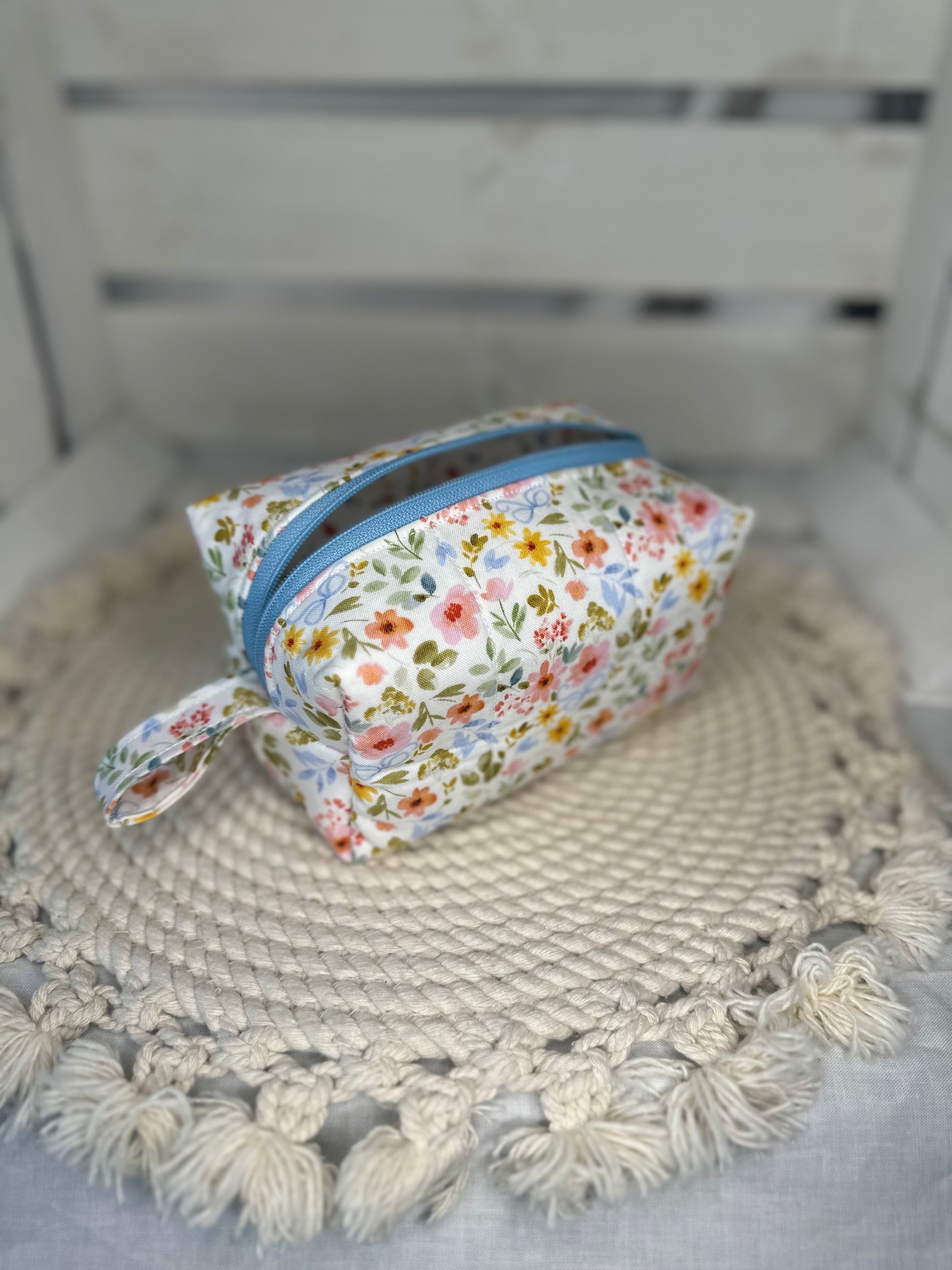 Handmade Quilted Colorful Floral Bow Boxy Pouch | Cosmetics Pouch, Makeup Bag, Travel Accessories