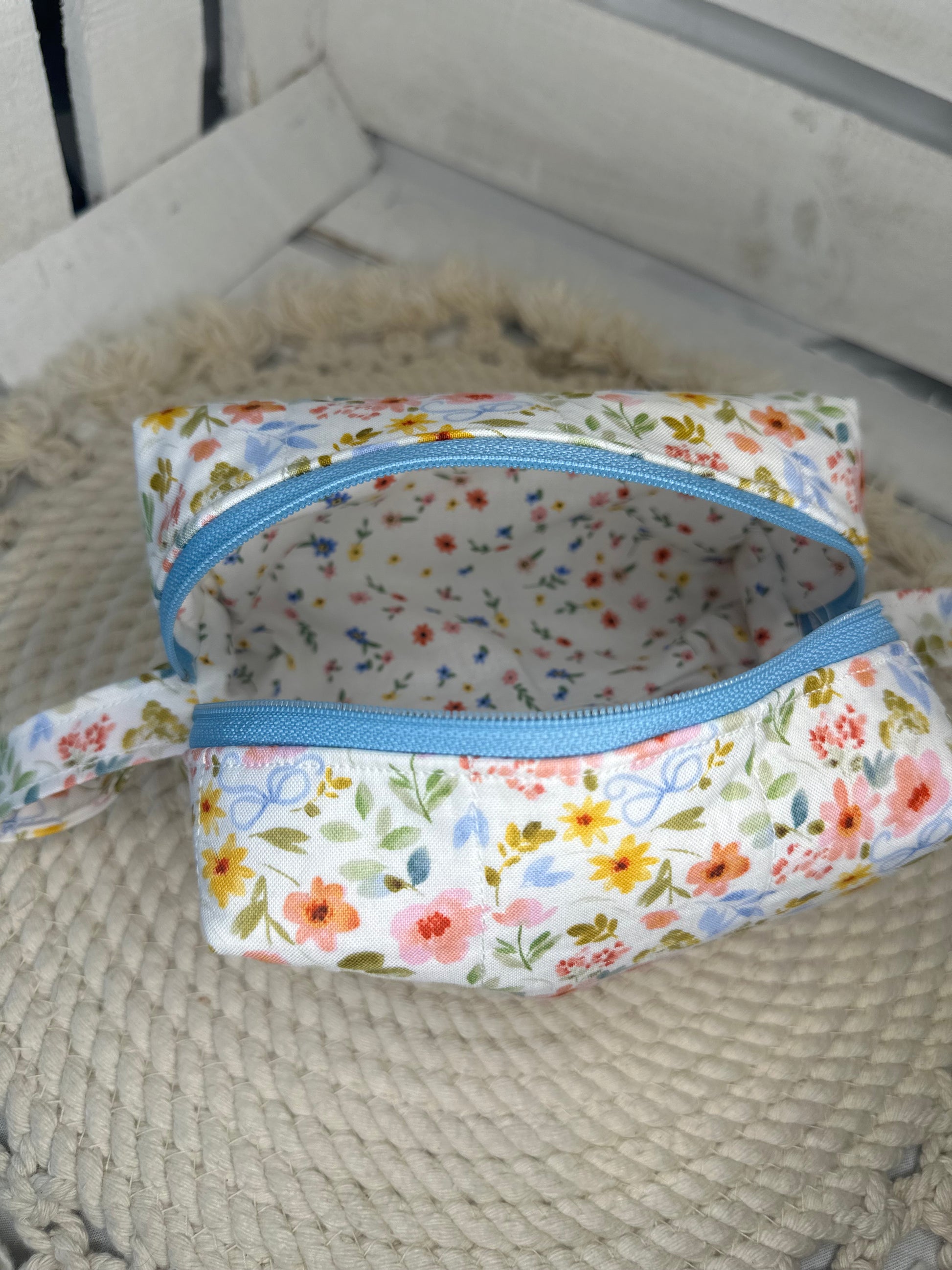 Handmade Quilted Colorful Floral Bow Boxy Pouch | Cosmetics Pouch, Makeup Bag, Travel Accessories