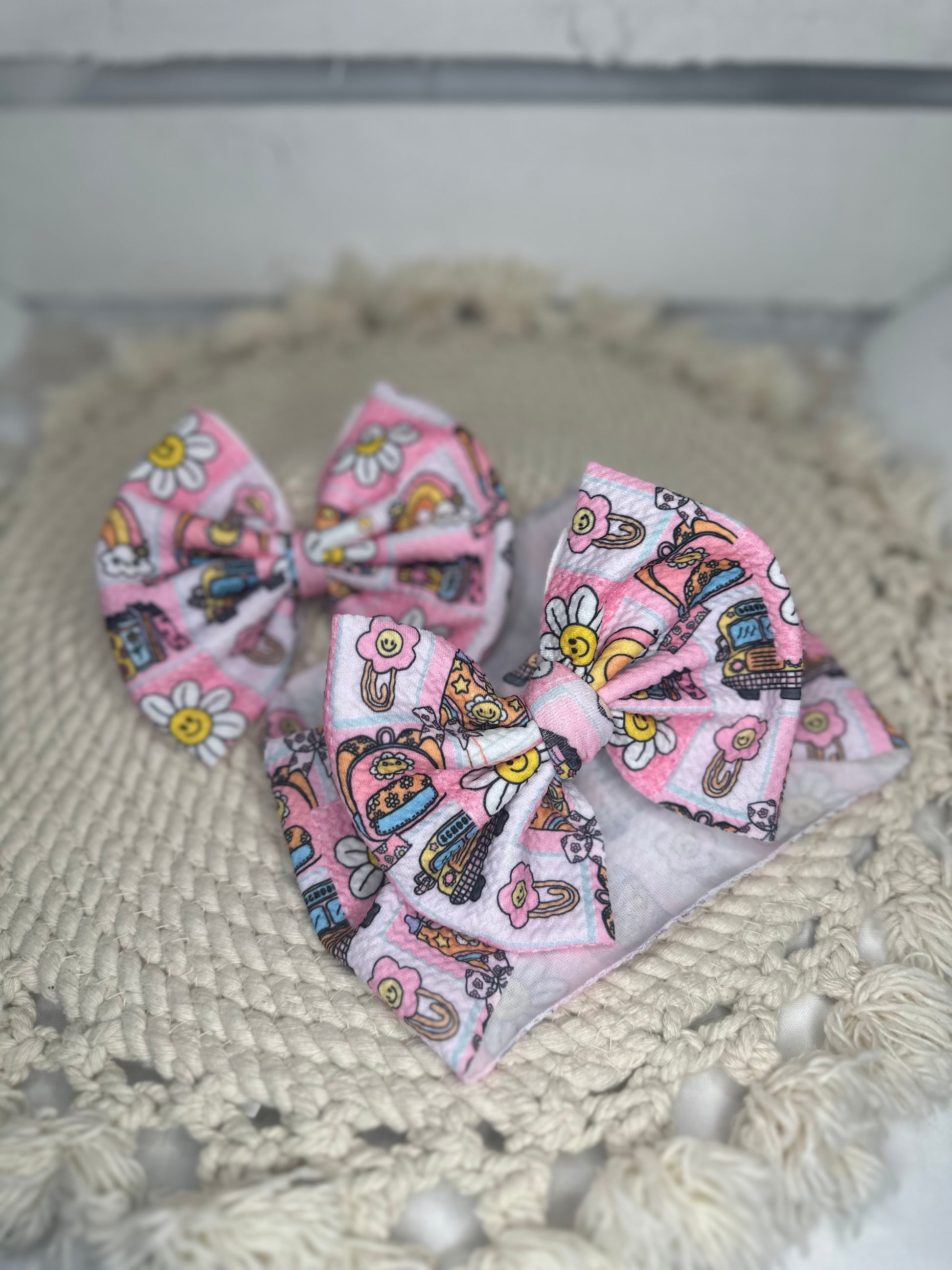 Hand-Tied Back to School Pink Fabric Bow Headwrap | Fabric Headwrap, Hairbow, Baby Bow, Hair Accessory