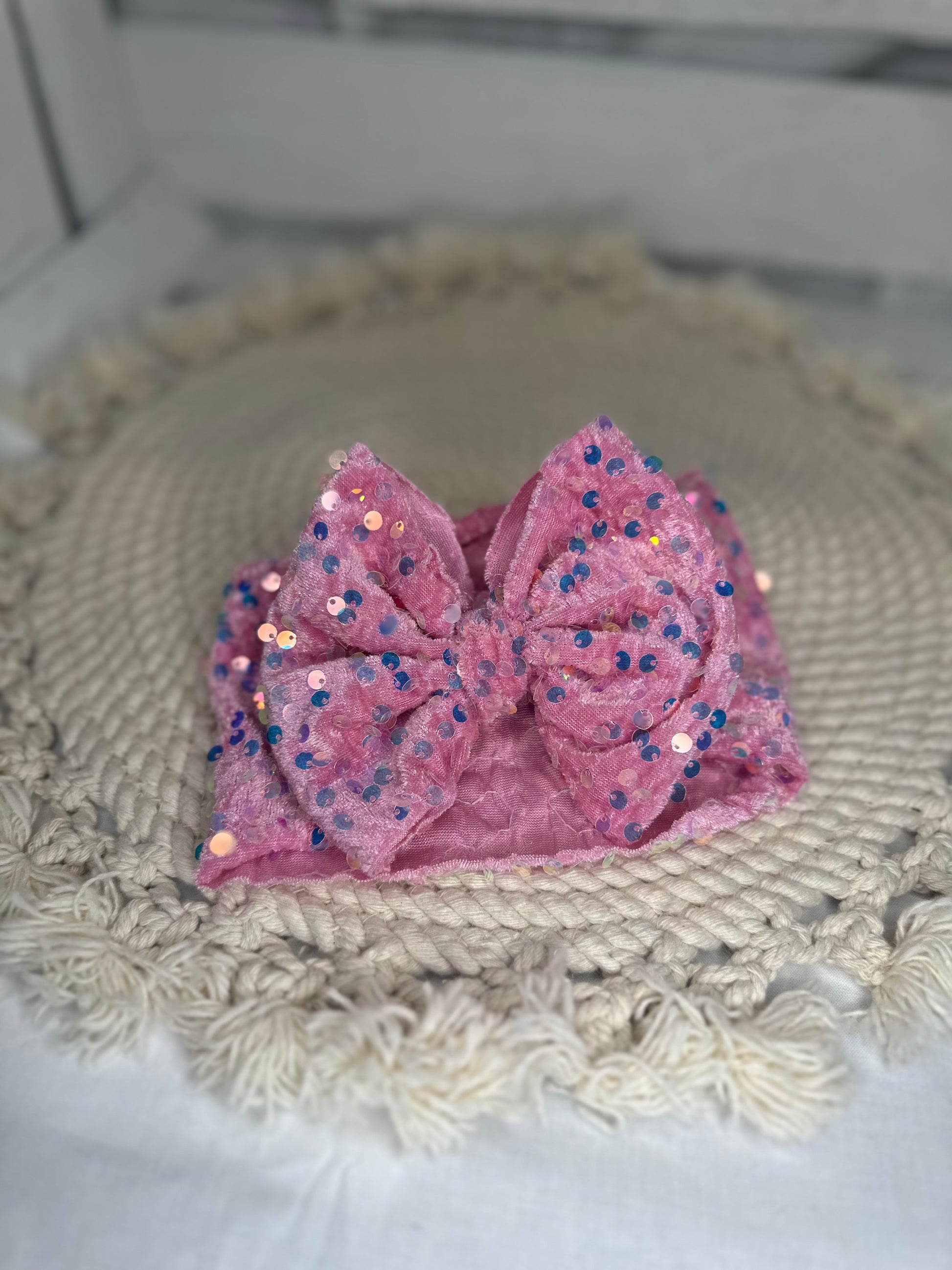 Hand Tied Pink Velvet Sequin Fabric Bow Headwrap | Fabric Headwrap, Hairbow, Baby Bow, Hair Accessory
