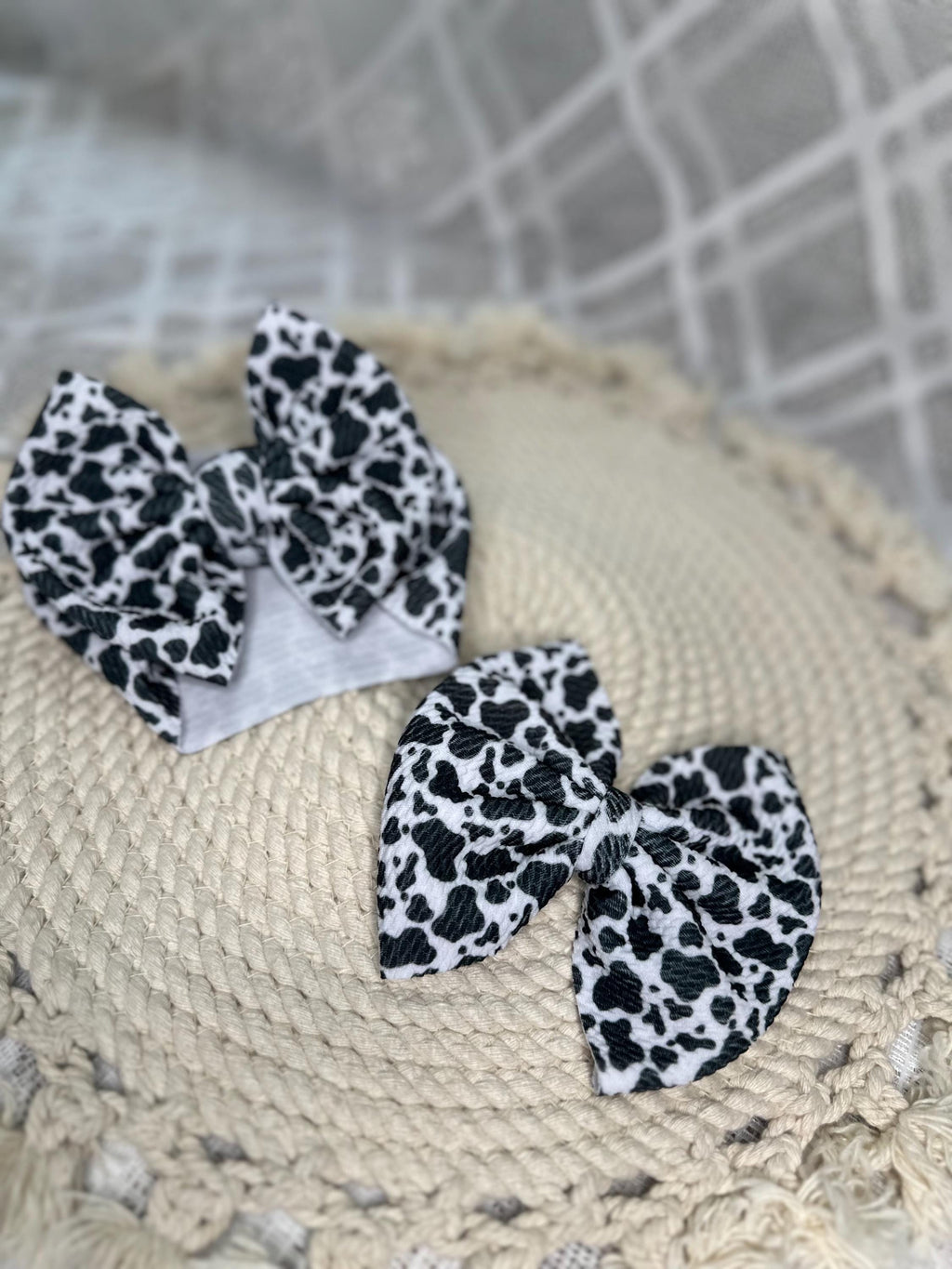 Girl’s Cow Print Fabric Bow Headwrap | Fabric Headwrap, Hairbow, Baby Bow, Hair Accessory