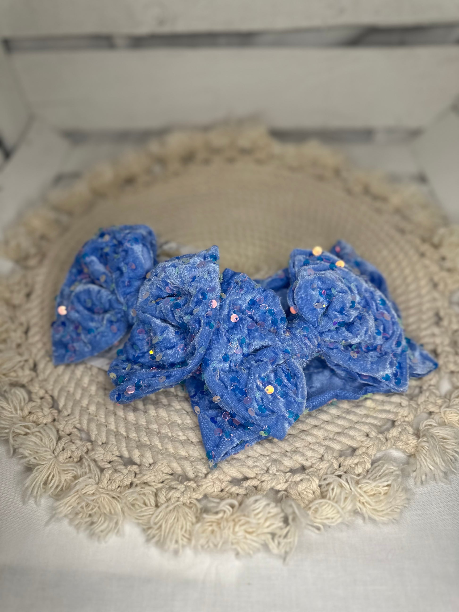 Hand Tied Blue Velvet Sequin Fabric Bow Headwrap | Fabric Headwrap, Hairbow, Baby Bow, Hair Accessory