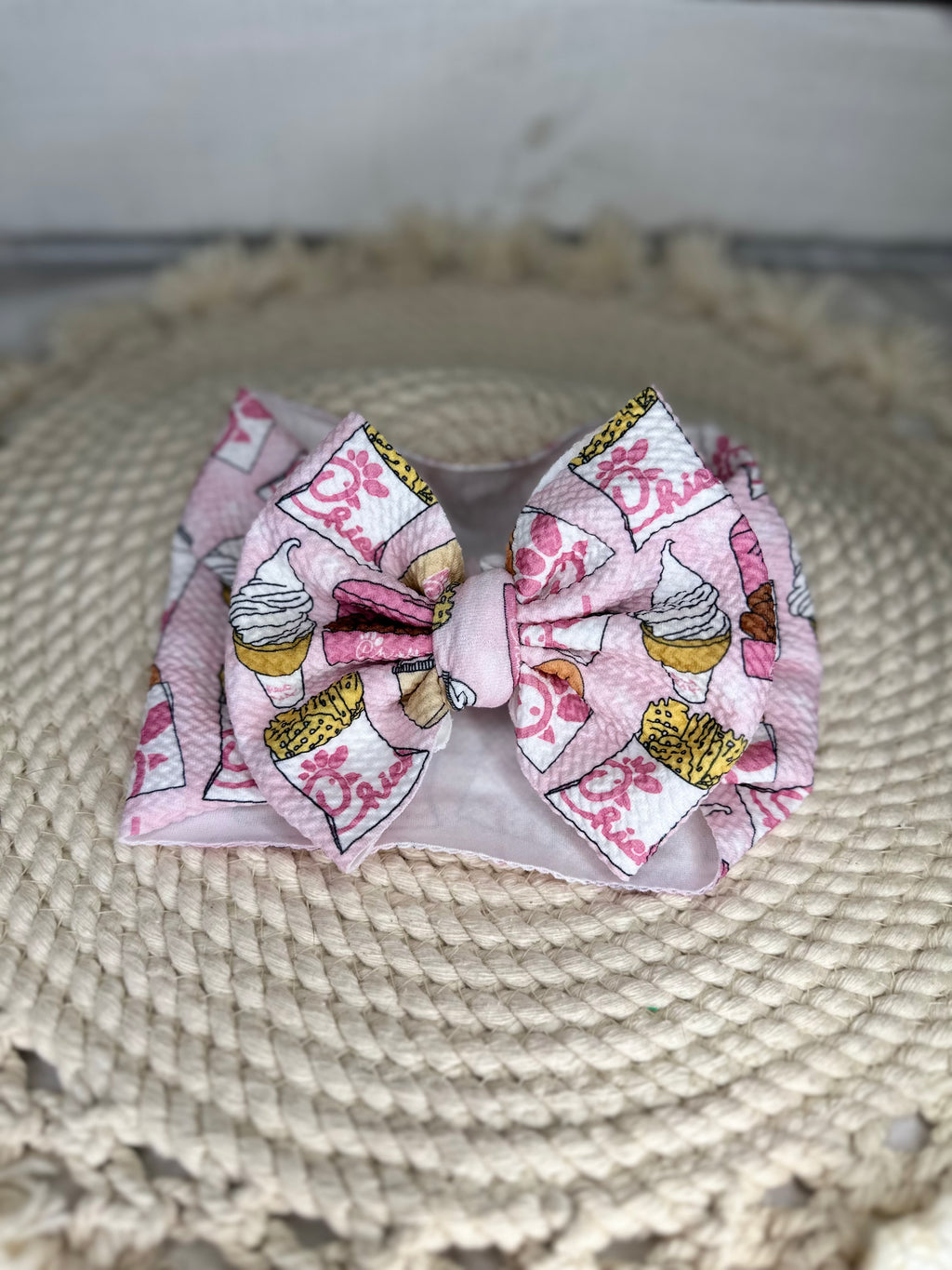 Hand Tied Pink Chickfila Fabric Bow Headwrap | Fabric Headwrap, Hairbow, Baby Bow, Hair Accessory