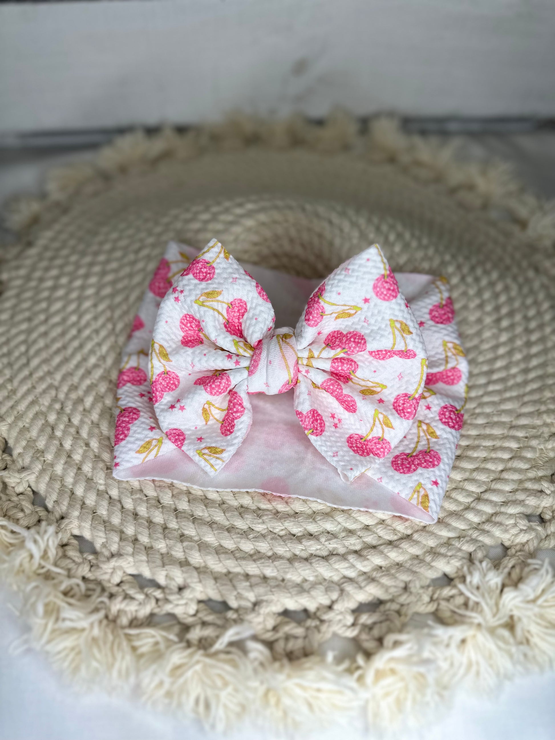 Hand Tied Pink Disco Cherry Fabric Bow Headwrap | Fabric Headwrap, Hairbow, Baby Bow, Hair Accessory