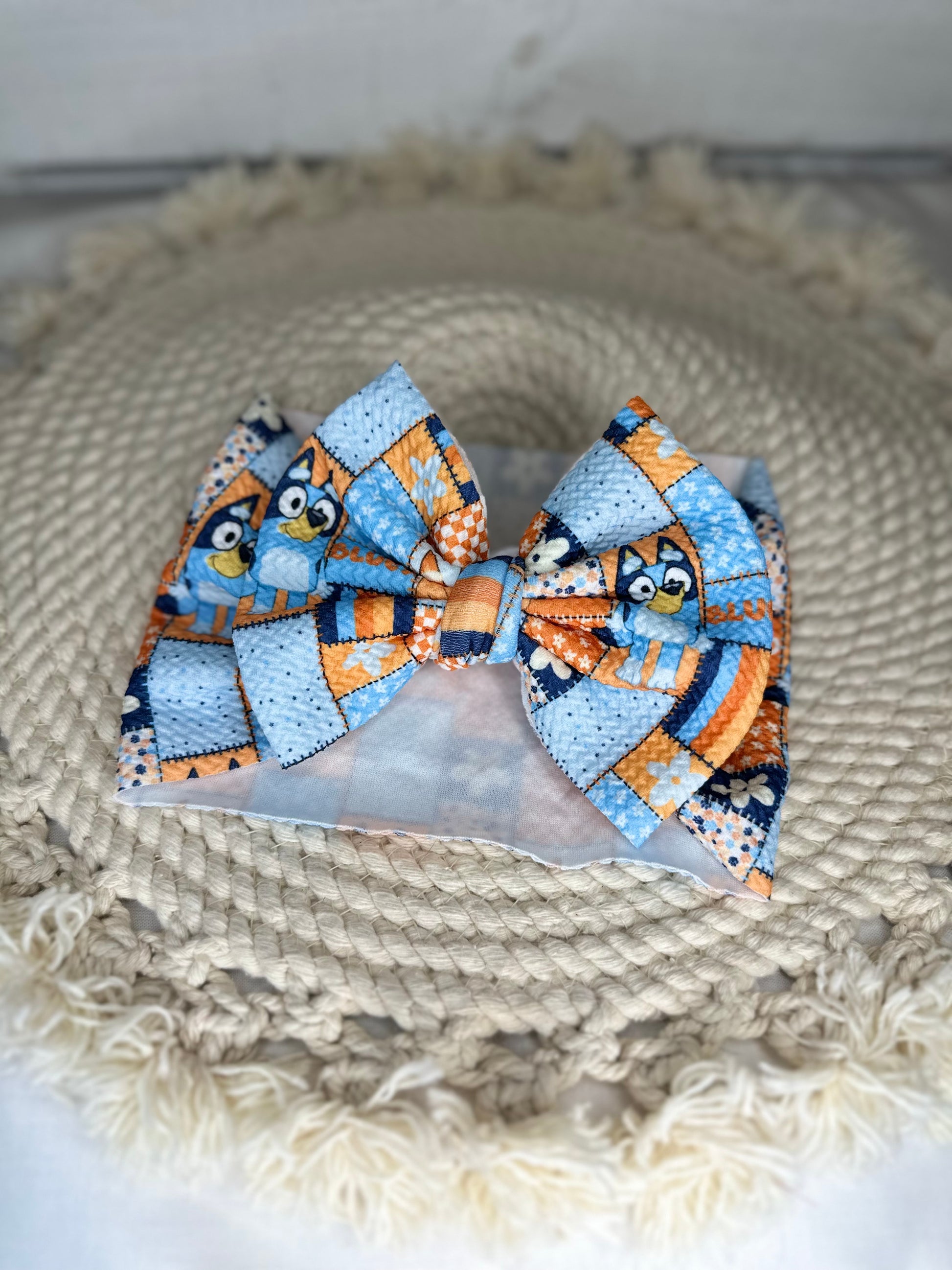 Hand Tied Blue & Orange Dog Fabric Bow Headwrap | Fabric Headwrap, Hairbow, Baby Bow, Hair Accessory