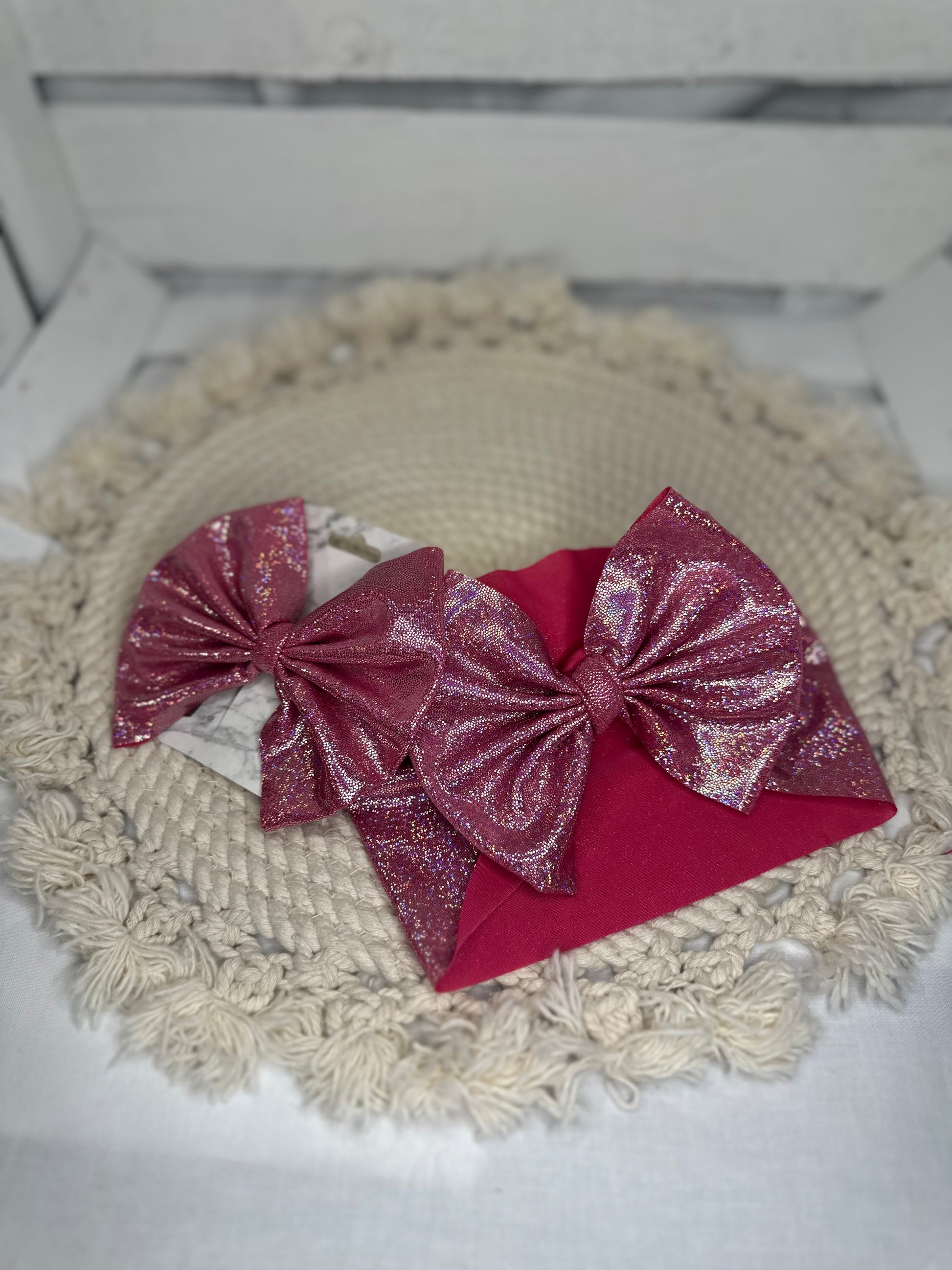Hand Tied Hot Pink Holographic Fabric Bow Headwrap | Fabric Headwrap, Hairbow, Baby Bow, Hair Accessory