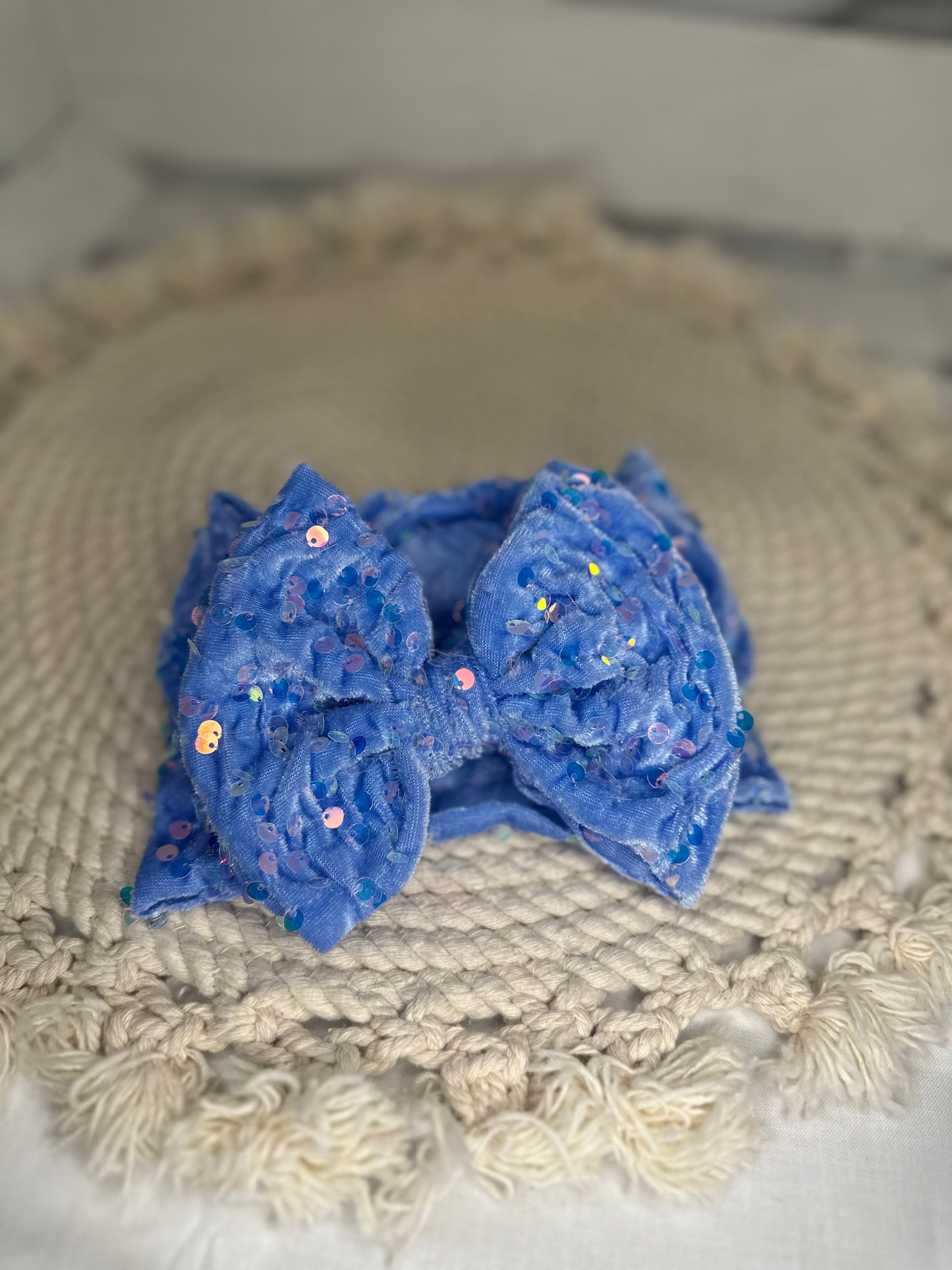 Hand Tied Blue Velvet Sequin Fabric Bow Headwrap | Fabric Headwrap, Hairbow, Baby Bow, Hair Accessory