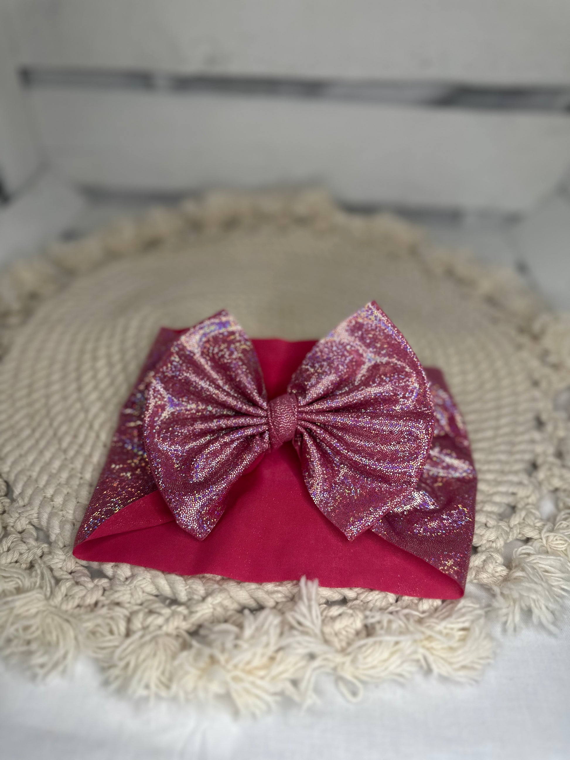Hand Tied Hot Pink Holographic Fabric Bow Headwrap | Fabric Headwrap, Hairbow, Baby Bow, Hair Accessory