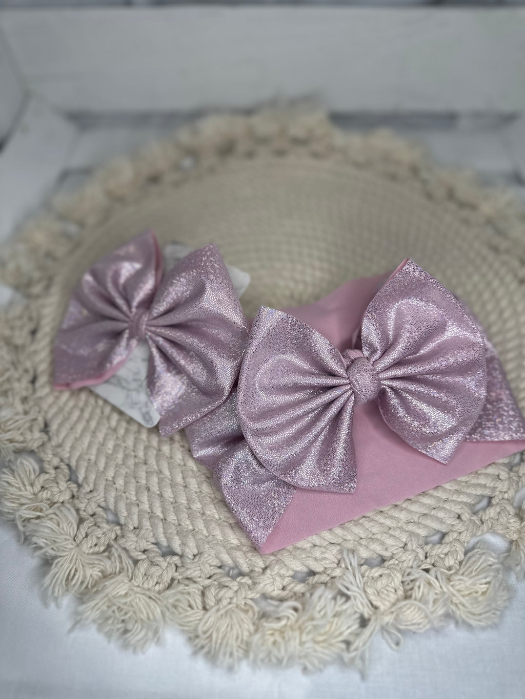 Hand Tied Baby Pink Holographic Fabric Bow Headwrap | Fabric Headwrap, Hairbow, Baby Bow, Hair Accessory