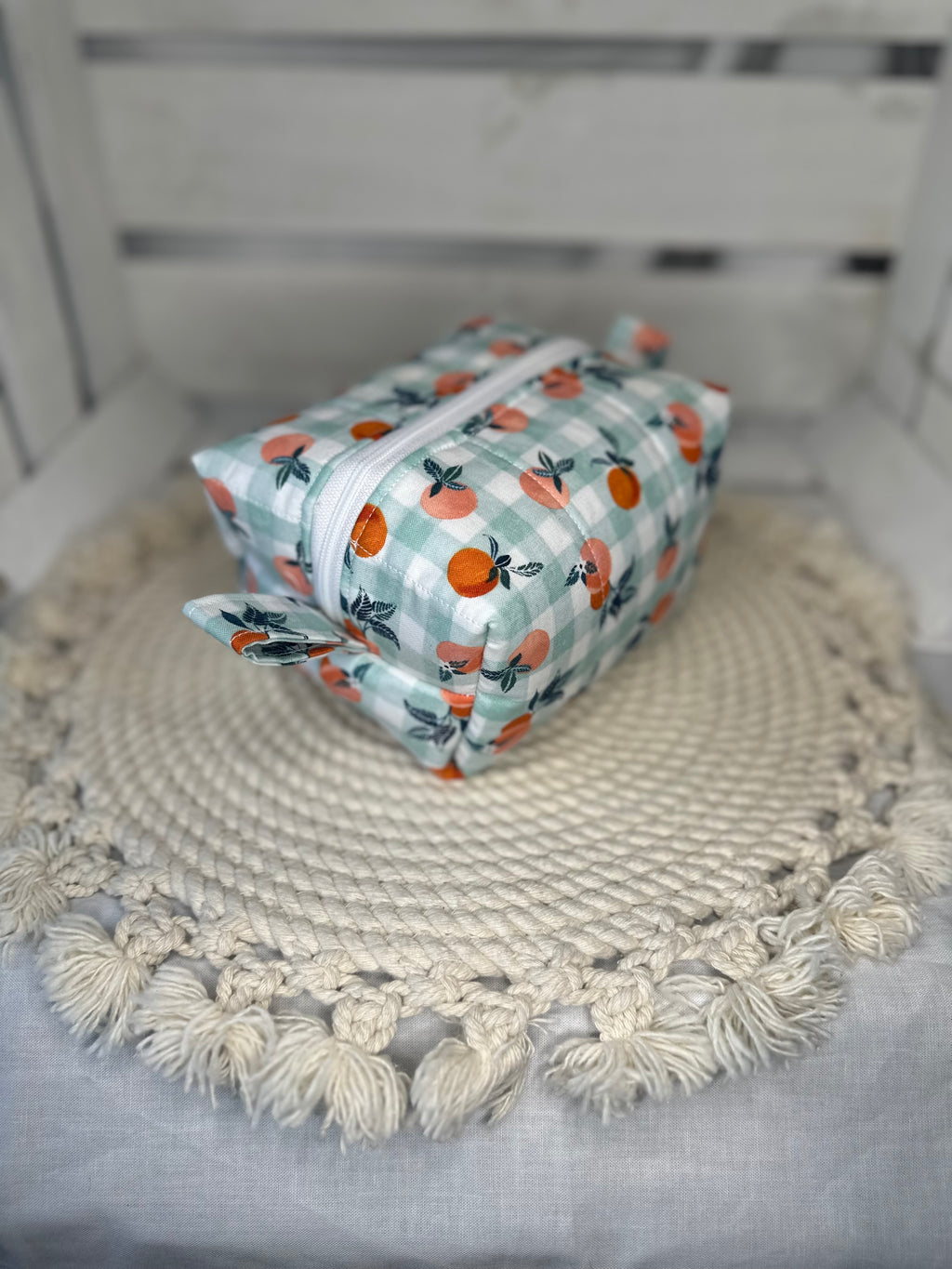 Handmade Quilted Orange Gingham Boxy Pouch | Cosmetics Pouch, Makeup Bag, Travel Accessories
