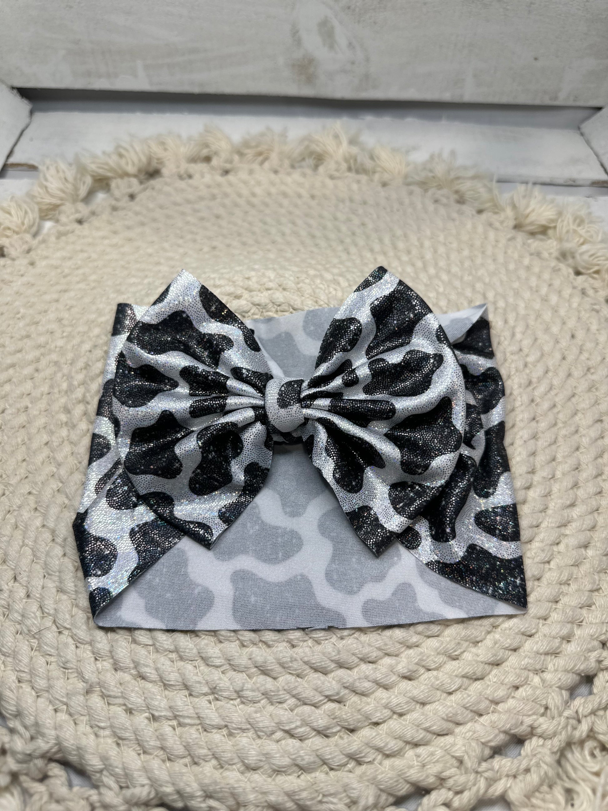 Hand Tied Holographic Cow Fabric Bow Headwrap | Fabric Headwrap, Hairbow, Baby Bow, Hair Accessory