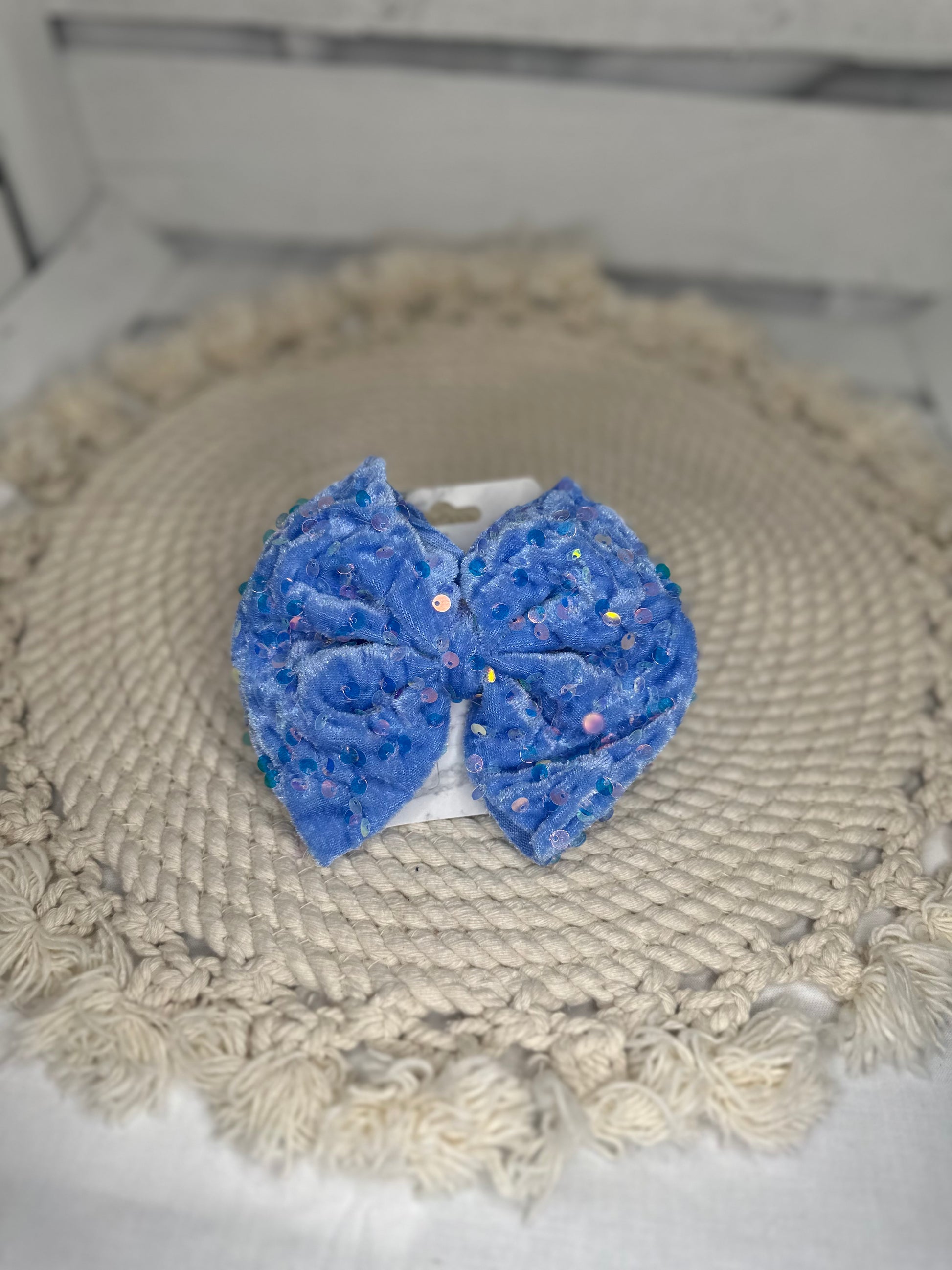 Hand Tied Blue Velvet Sequin Fabric Bow Headwrap | Fabric Headwrap, Hairbow, Baby Bow, Hair Accessory